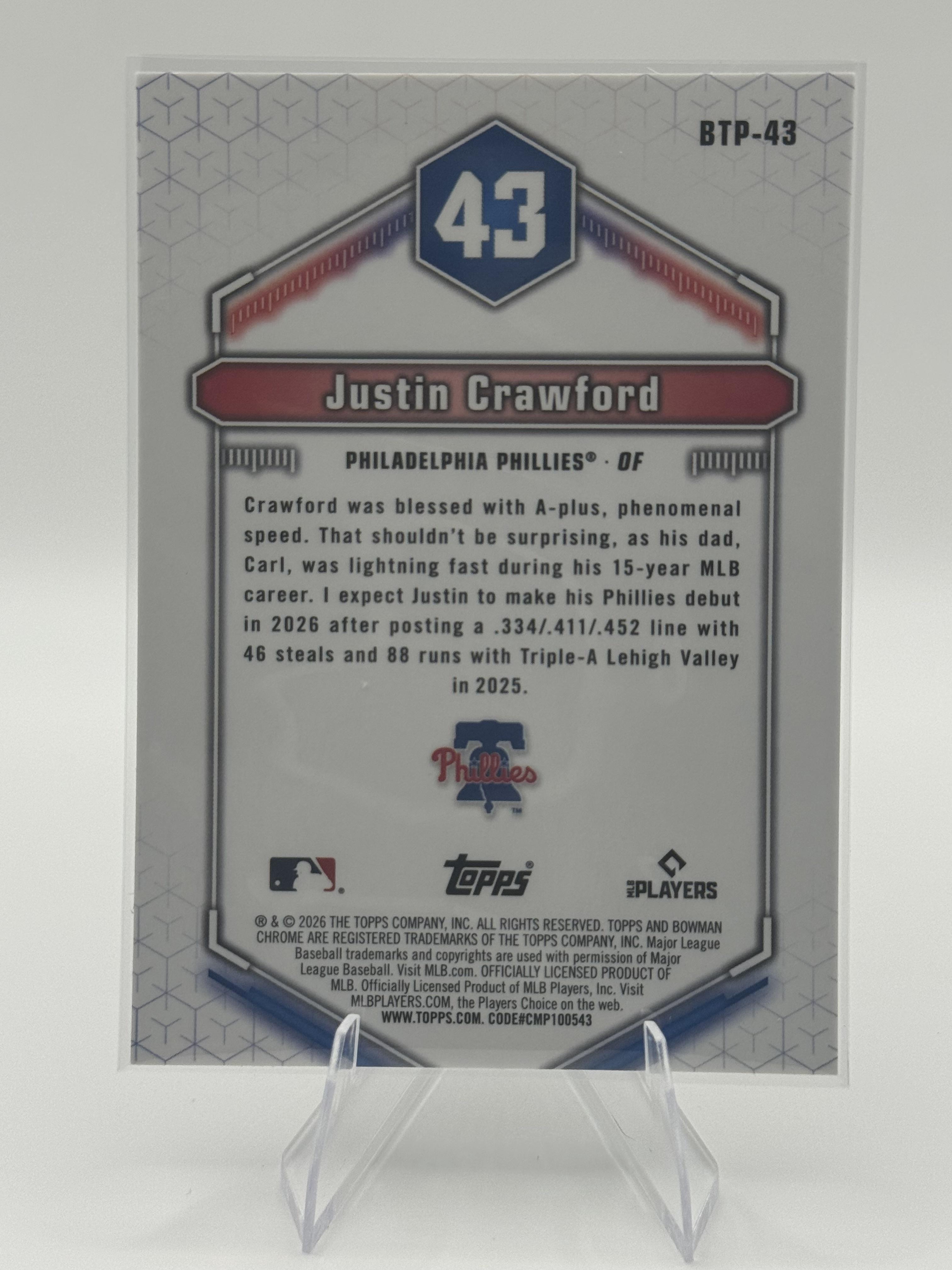 2026 Bowman #BTP-43 Justin Crawford Bowman Scouts' Top 100