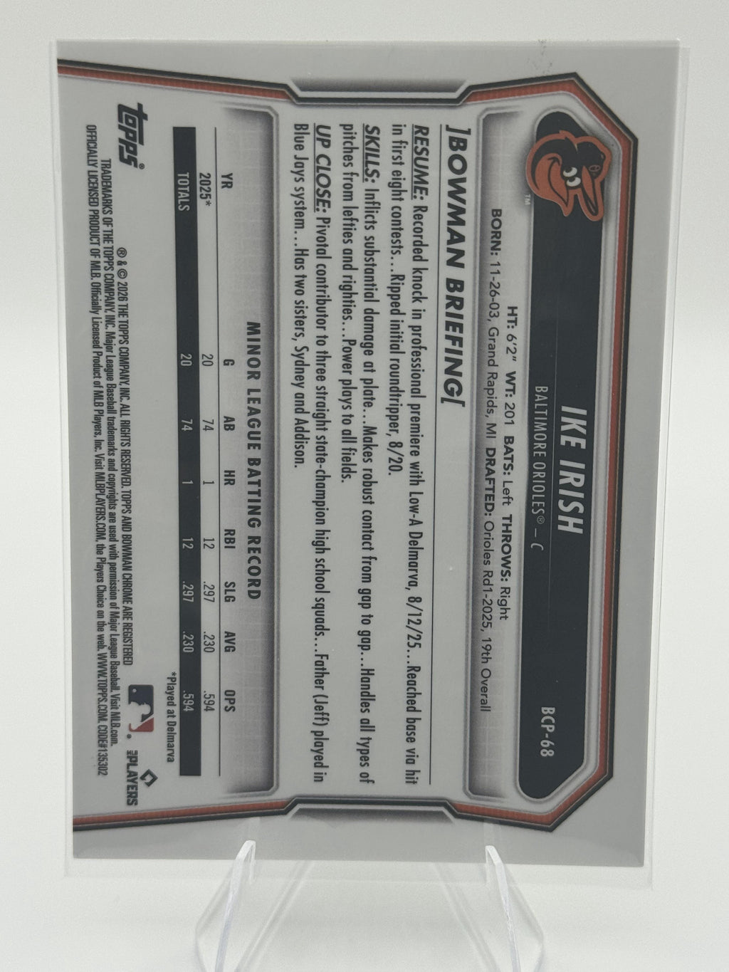 2026 Bowman #BCP-68 Ike Irish Chrome Prospects Reptilian Refractor