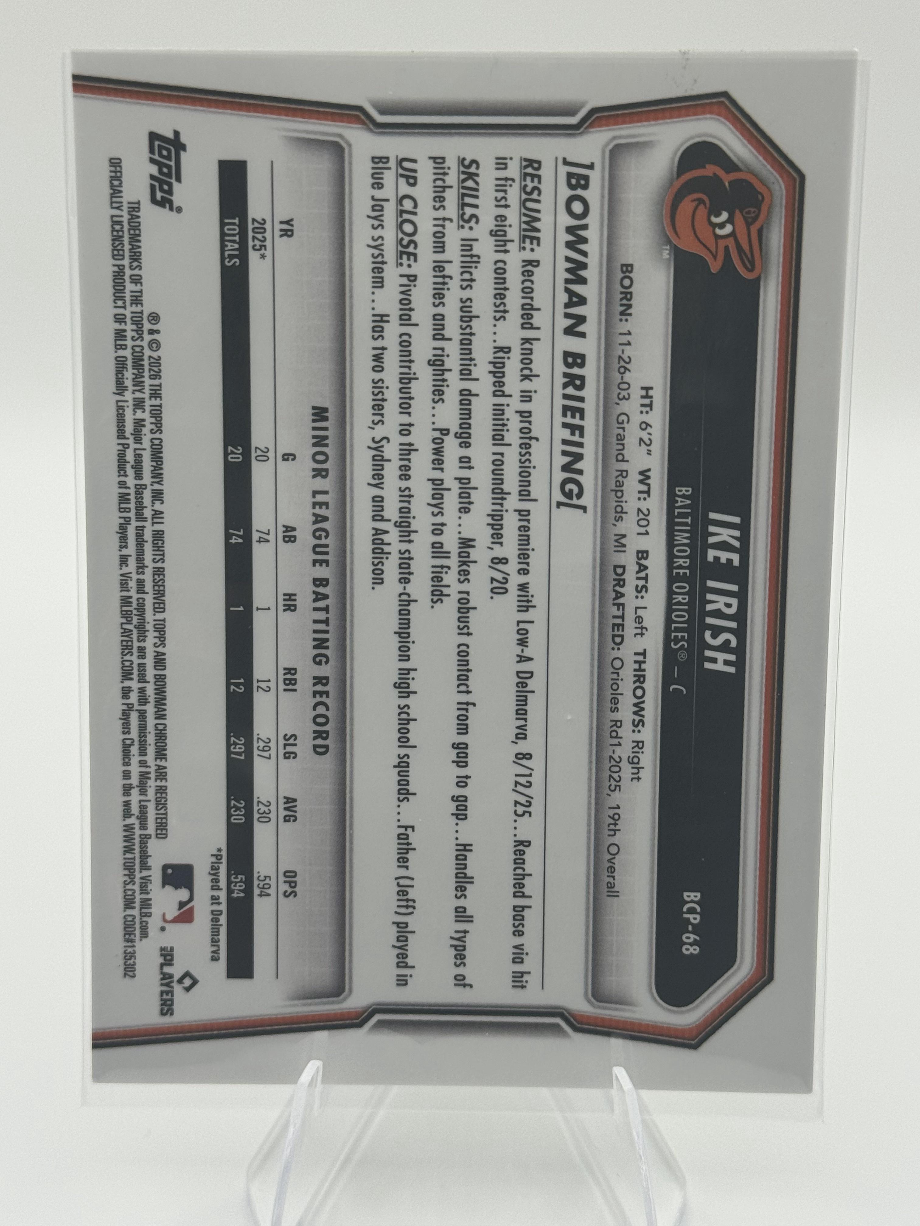 2026 Bowman #BCP-68 Ike Irish Chrome Prospects Reptilian Refractor