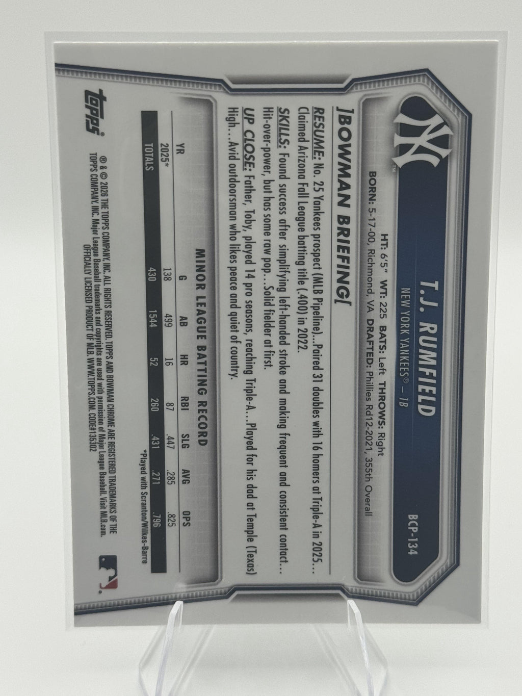 2026 Bowman #BCP-134 T.J. Rumfield Chrome 1st Bowman