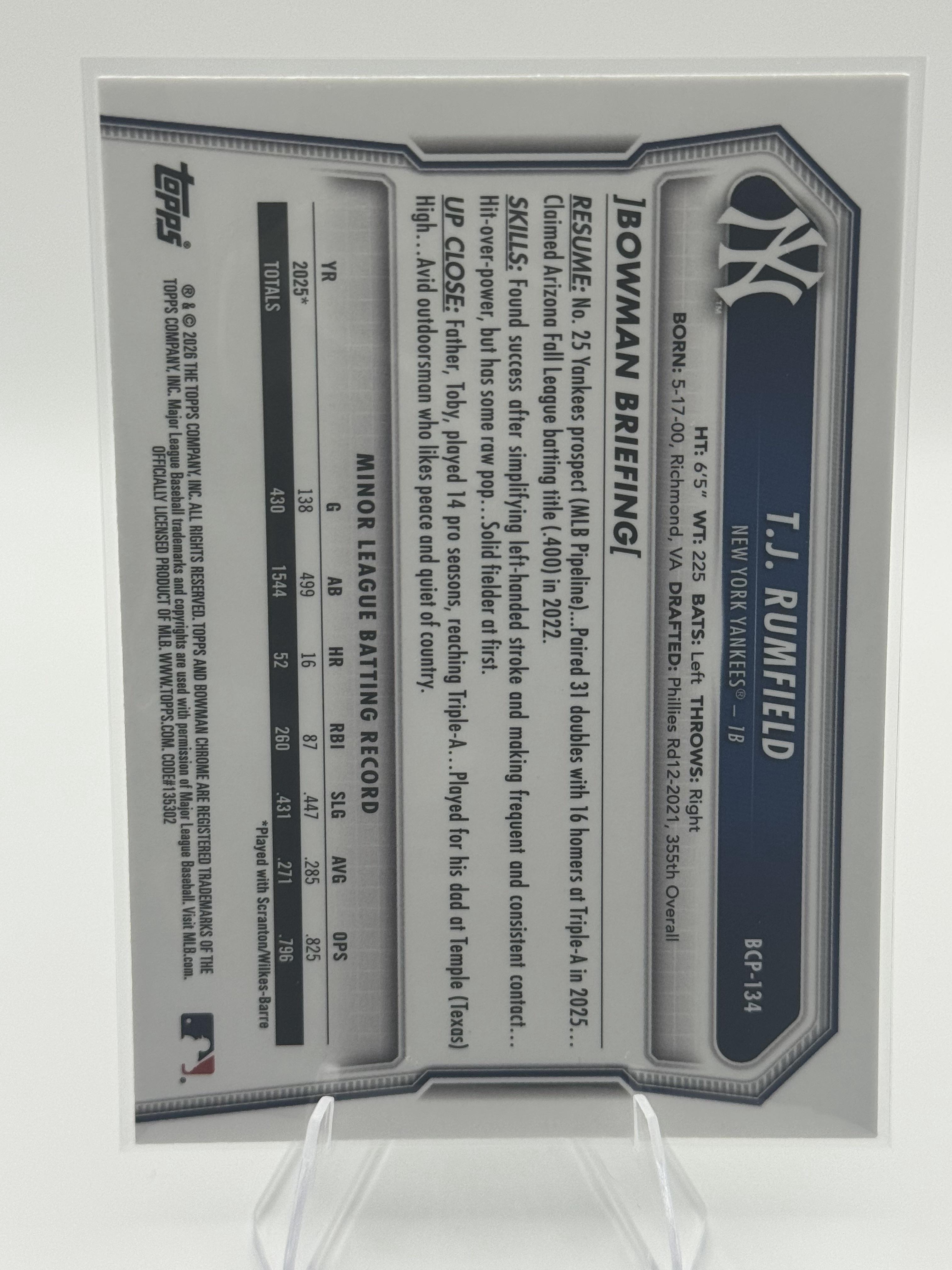 2026 Bowman #BCP-134 T.J. Rumfield Chrome 1st Bowman