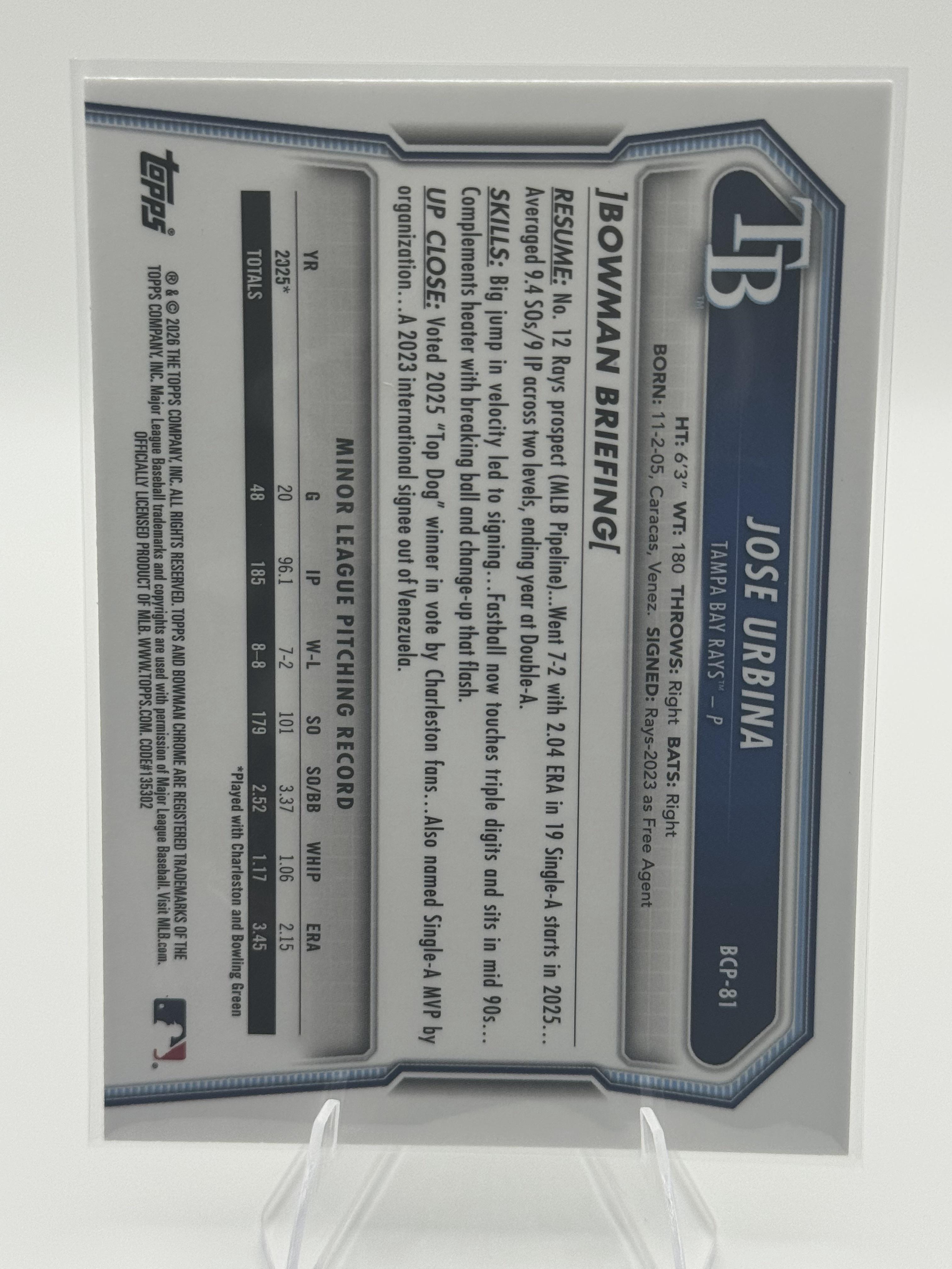 2026 Bowman #BCP-81 Jose Urbina Chrome 1st Bowman