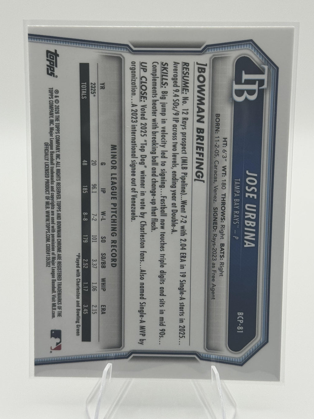 2026 Bowman #BCP-81 Jose Urbina Chrome 1st Bowman