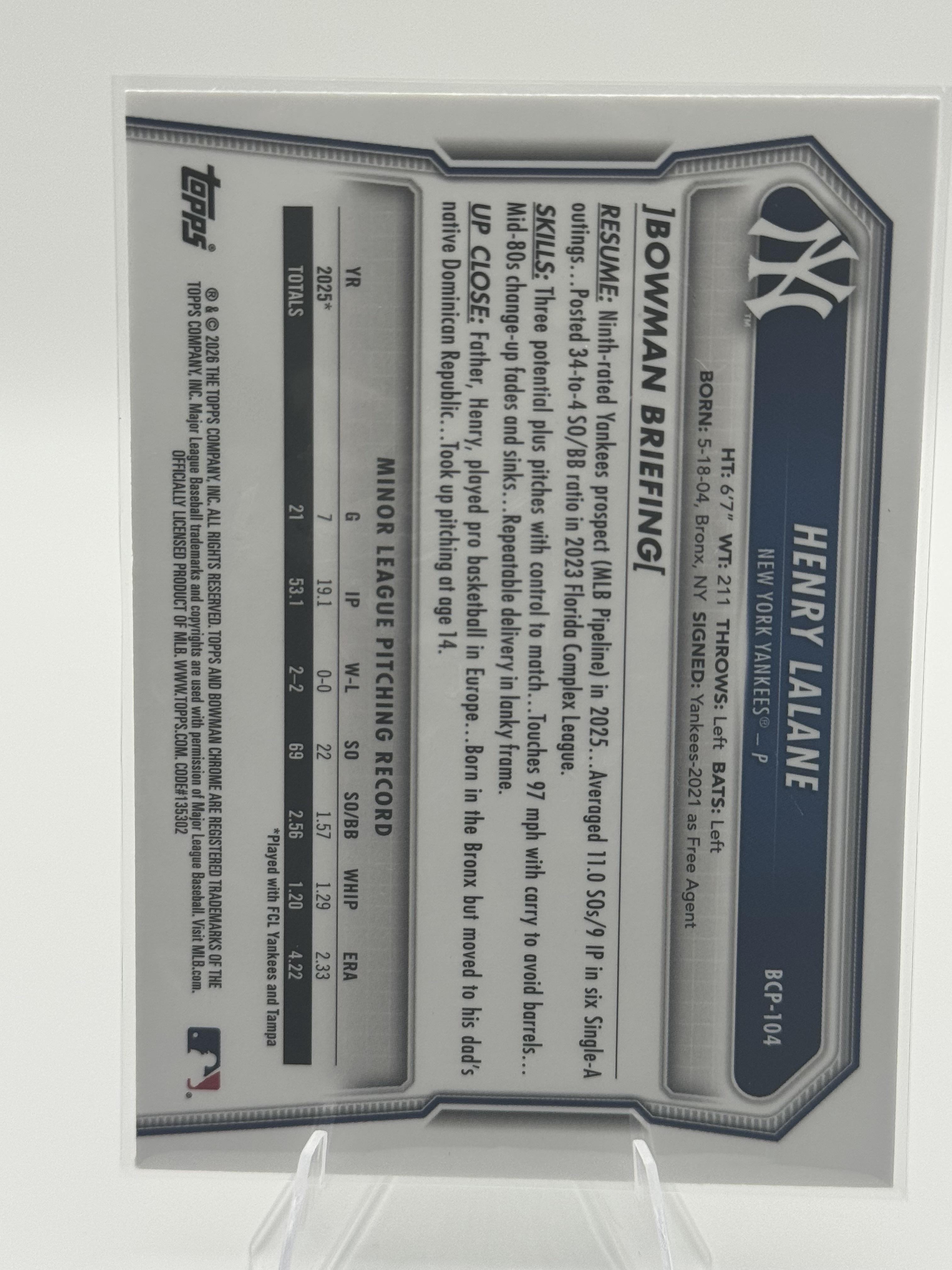 2026 Bowman #BCP-104 Henry Lalane Chrome 1st Bowman
