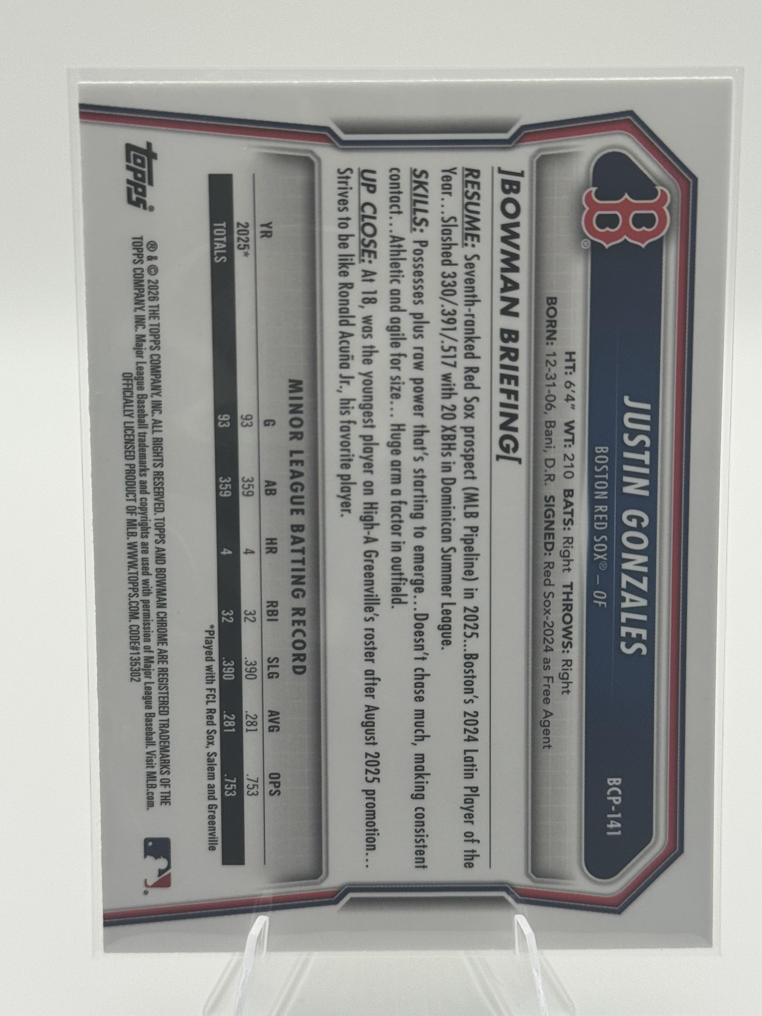 2026 Bowman #BCP-141 Justin Gonzales Chrome 1st Bowman