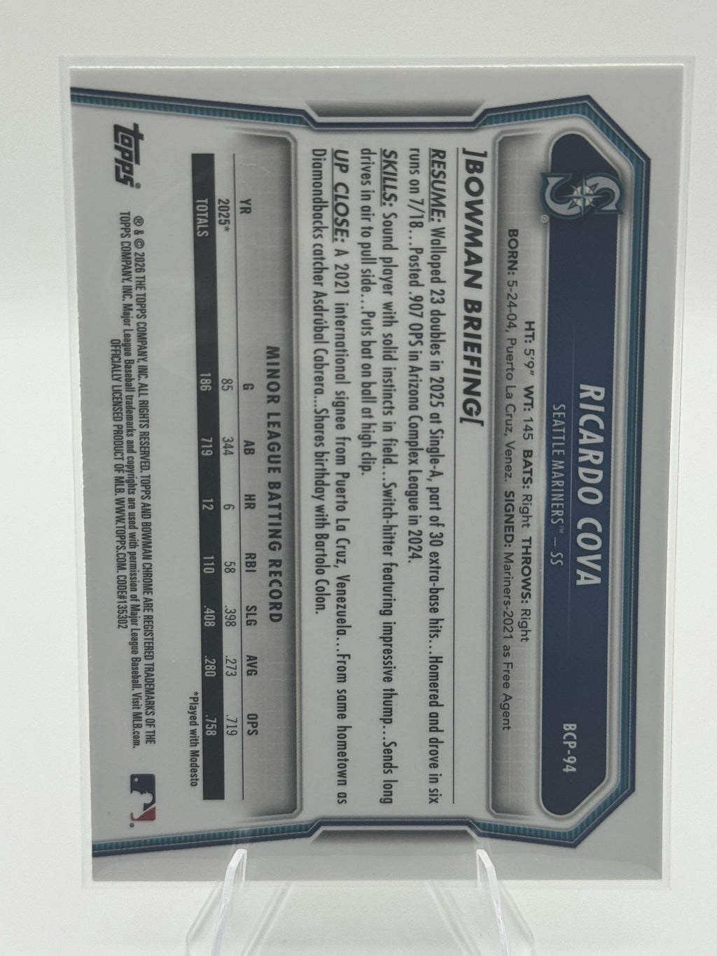 2026 Bowman #BCP-94 Ricardo Cova Chrome 1st Bowman