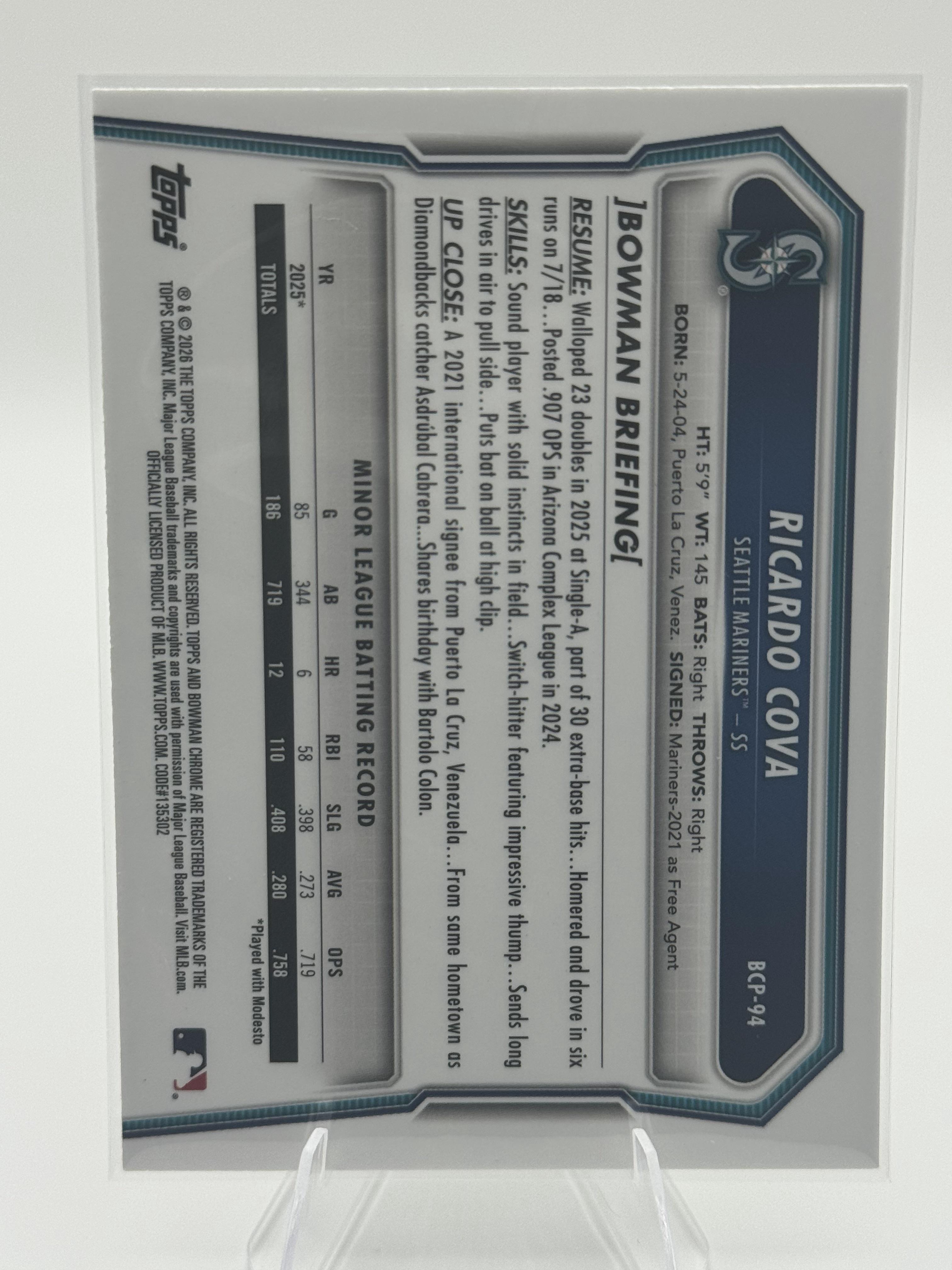 2026 Bowman #BCP-94 Ricardo Cova Chrome 1st Bowman