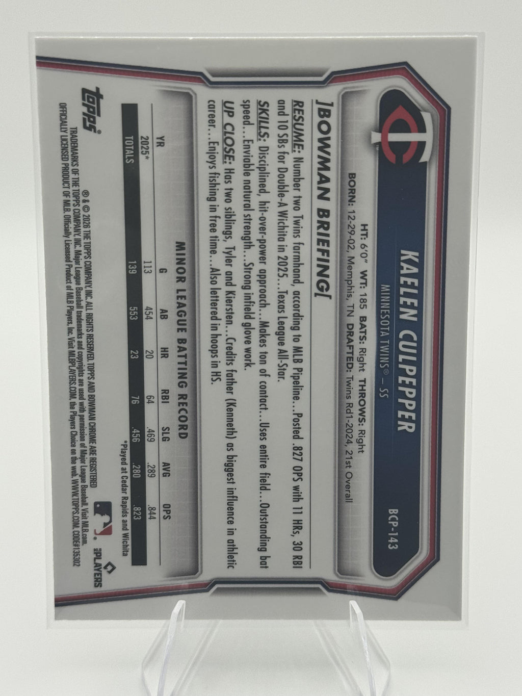 2026 Bowman #BCP-143 Kaelen Culpepper Chrome Prospects