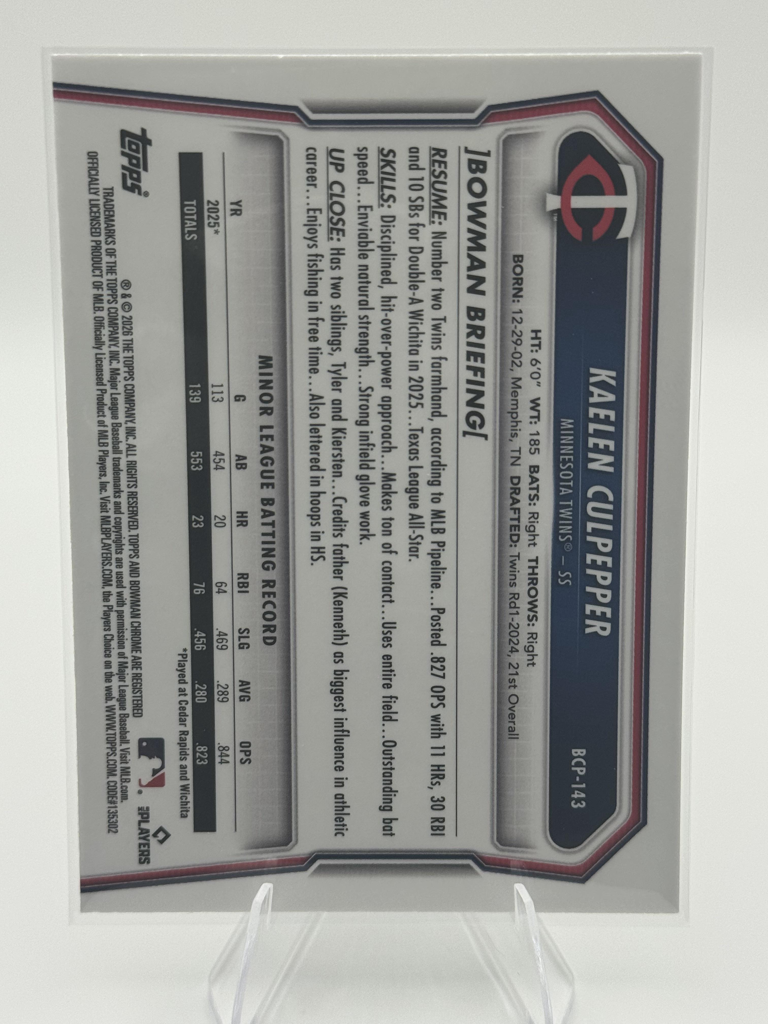 2026 Bowman #BCP-143 Kaelen Culpepper Chrome Prospects