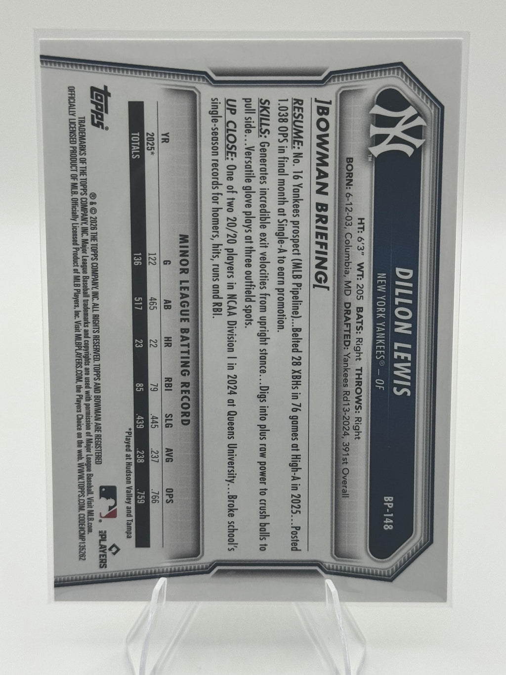 2026 Bowman #BP-148 Dillon Lewis Base 1st Bowman