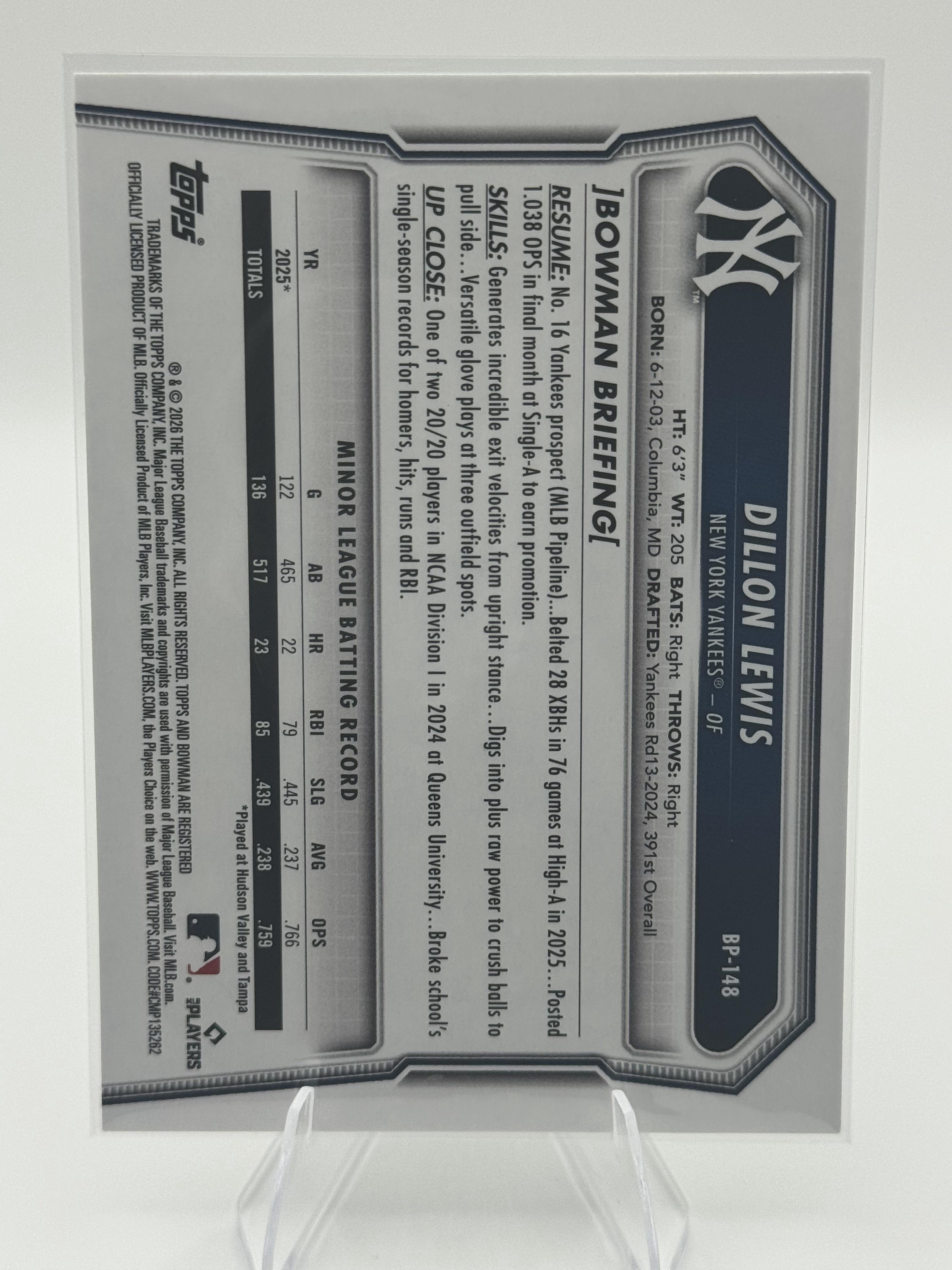 2026 Bowman #BP-148 Dillon Lewis Base 1st Bowman