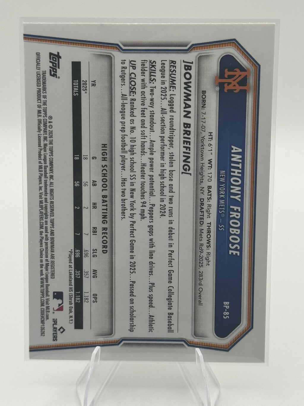 2026 Bowman #BP-85 Anthony Frobose Prospects
