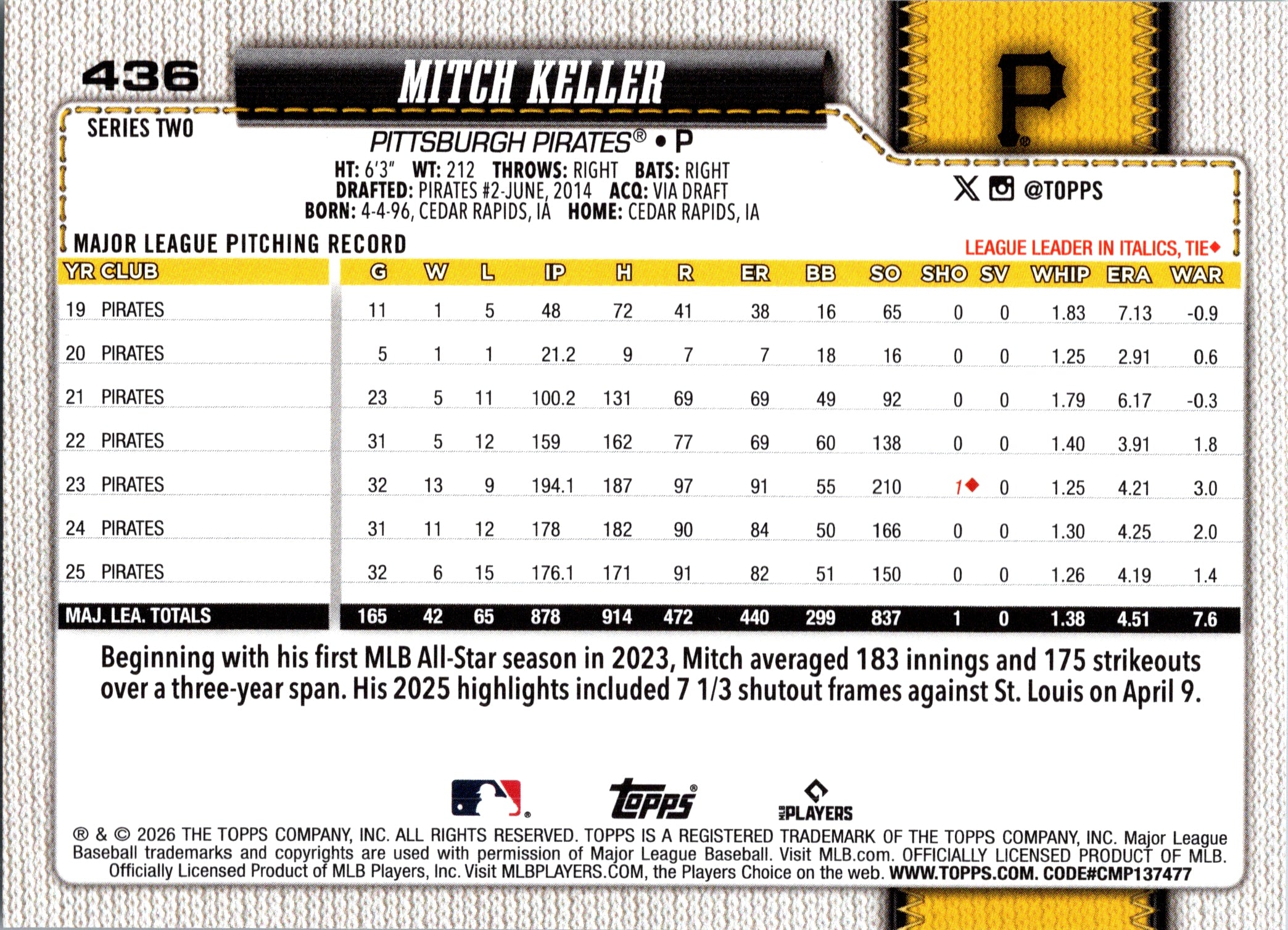 2026 Topps Mitch Keller #436 Base Card Pittsburgh Pirates Near Mint or Better