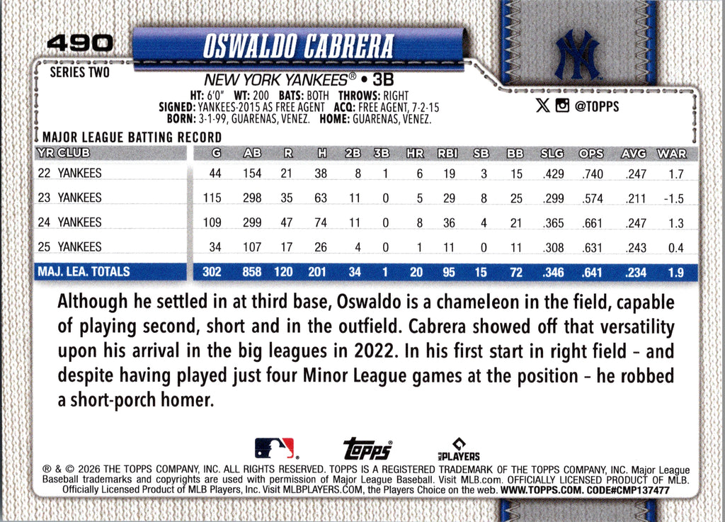 2026 Topps Oswaldo Cabrera #490 Base Card New York Yankees Near Mint or Better