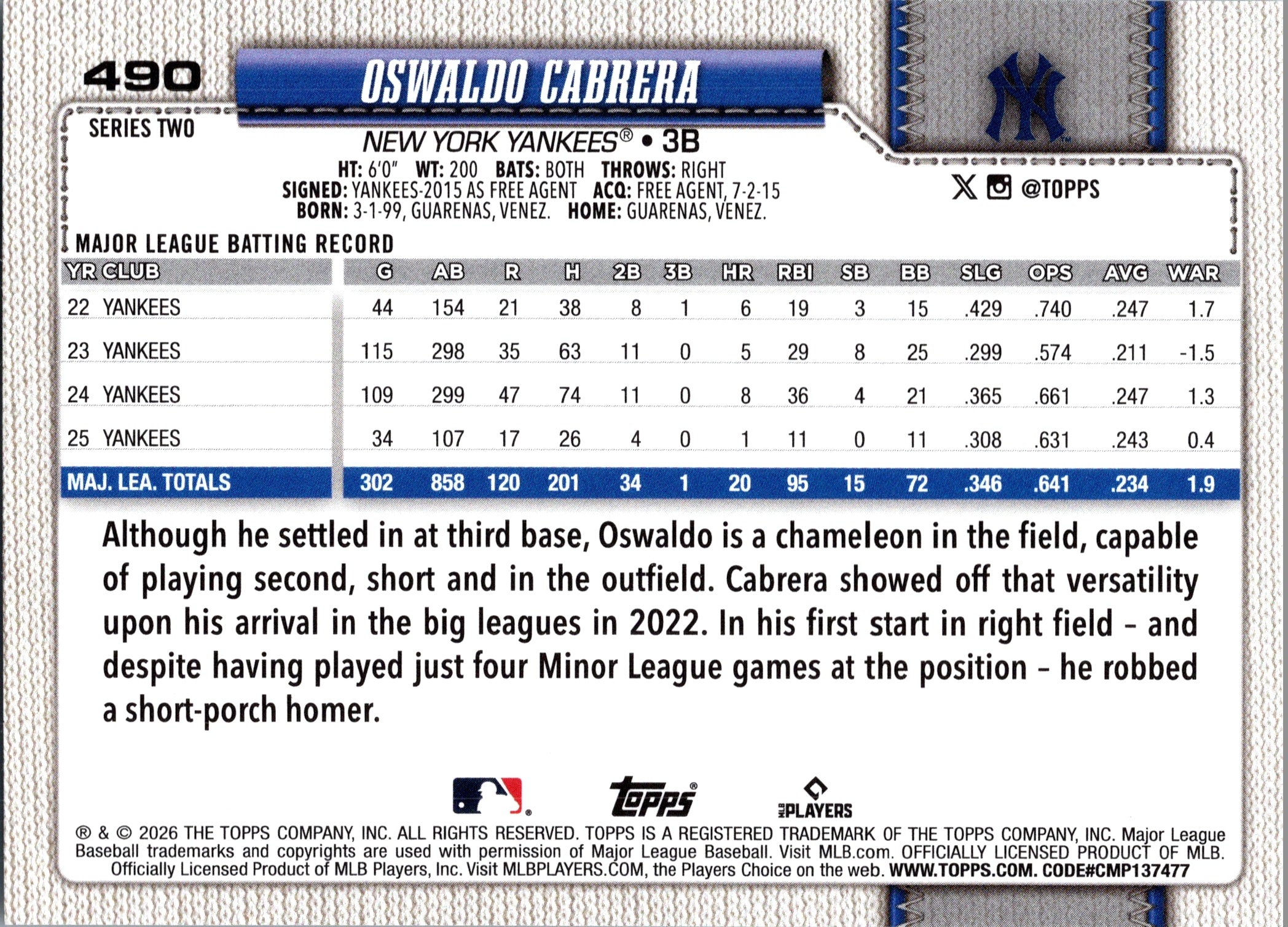 2026 Topps Oswaldo Cabrera #490 Base Card New York Yankees Near Mint or Better