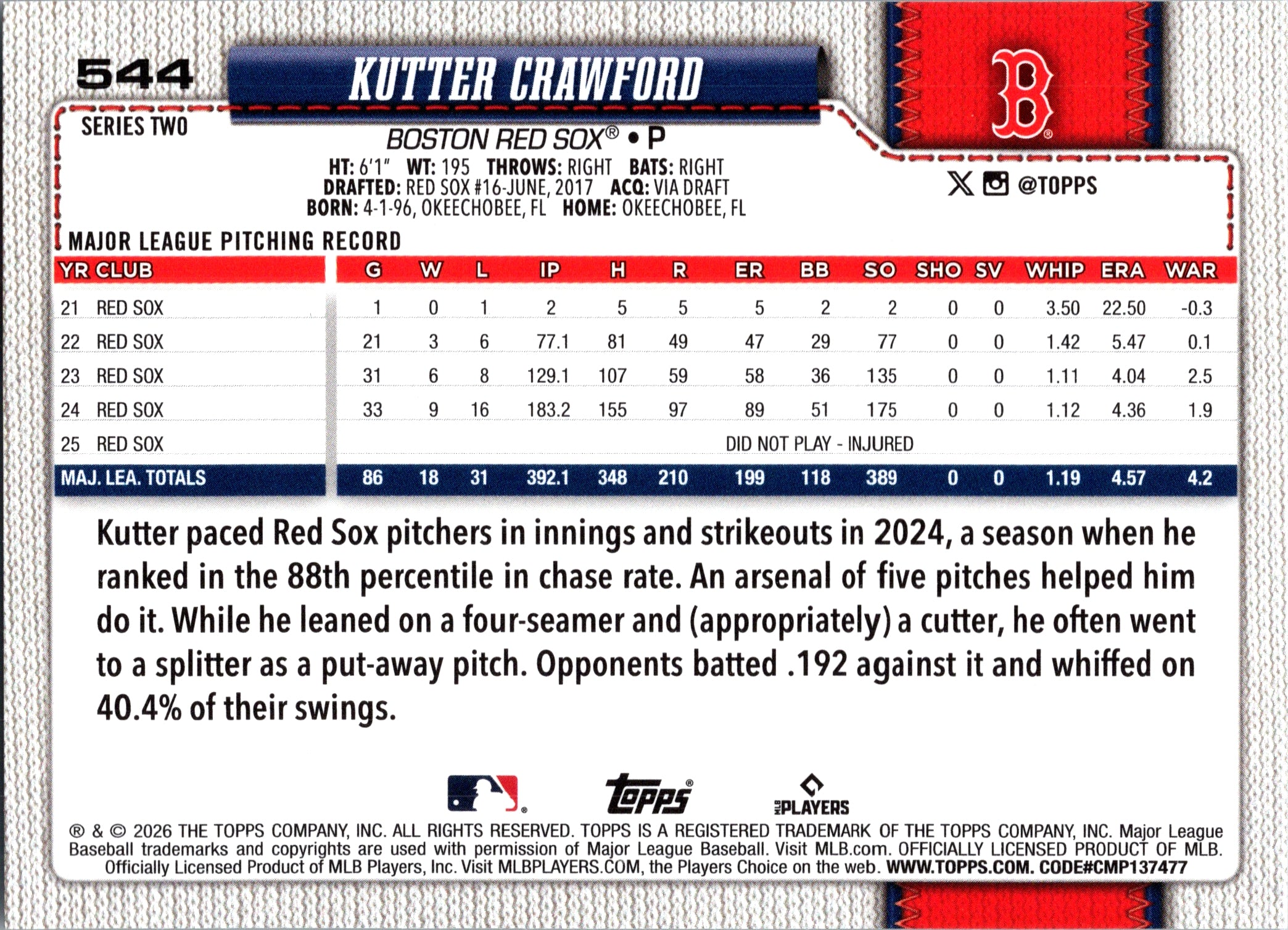2026 Topps Kutter Crawford #544 Base Card Boston Red Sox Near Mint or Better