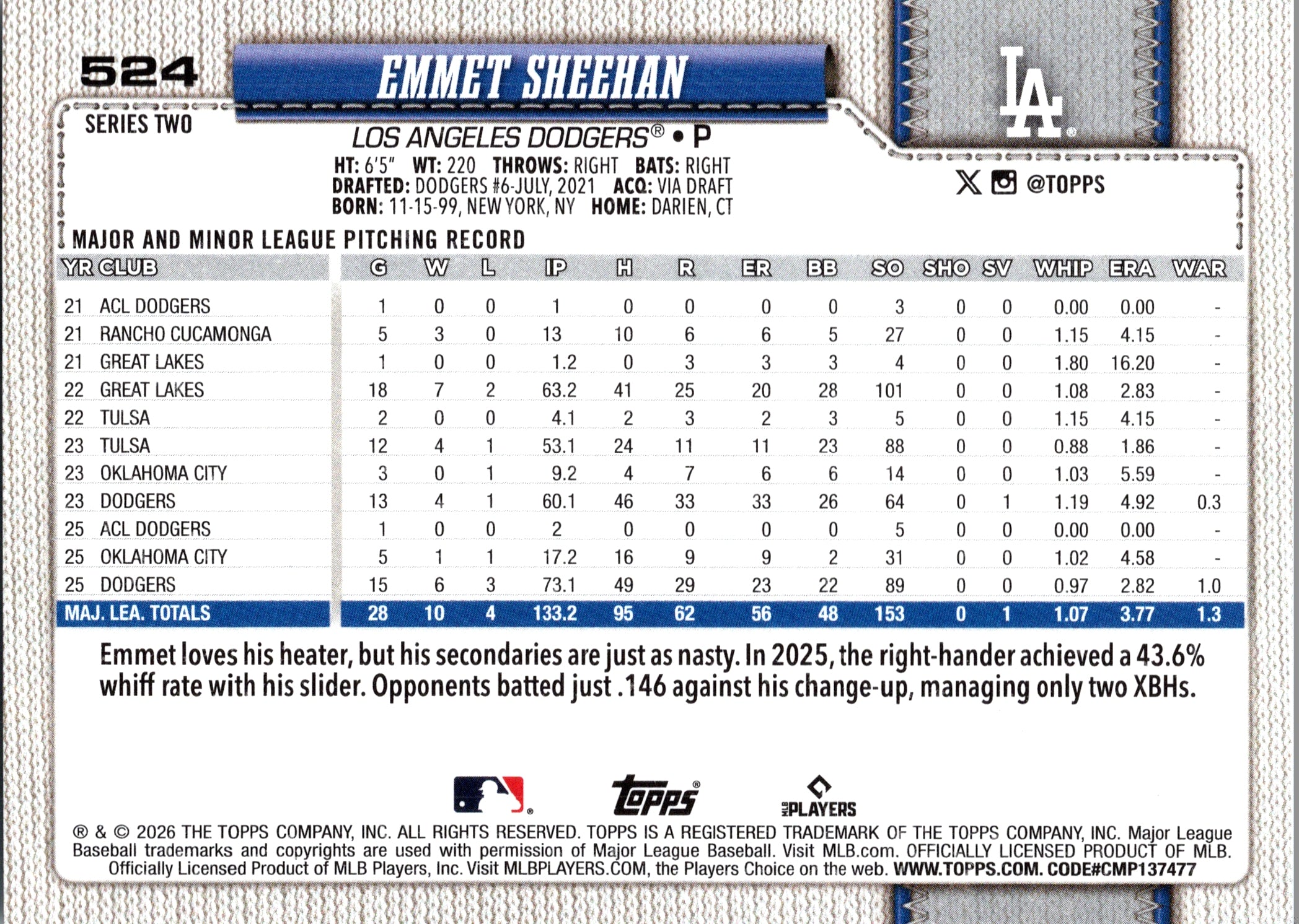 2026 Topps Emmet Sheehan #524 Base Card Los Angeles Dodgers Near Mint or Better