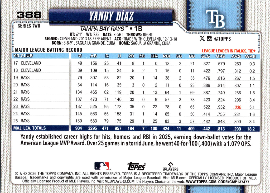 2026 Topps #388 Yandy Díaz Base