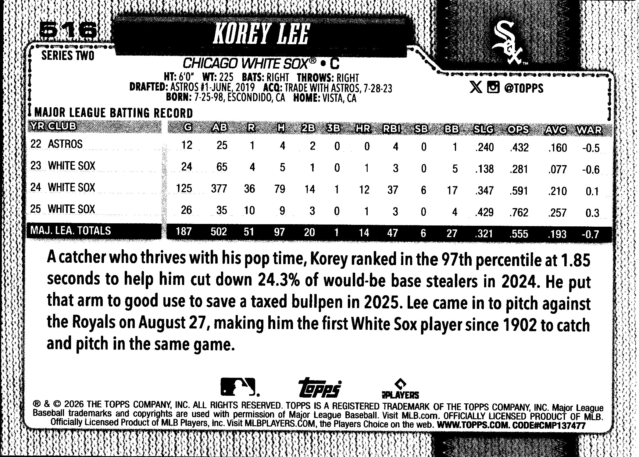 2026 Topps Korey Lee #516 Base Card Chicago White Sox Near Mint or Better