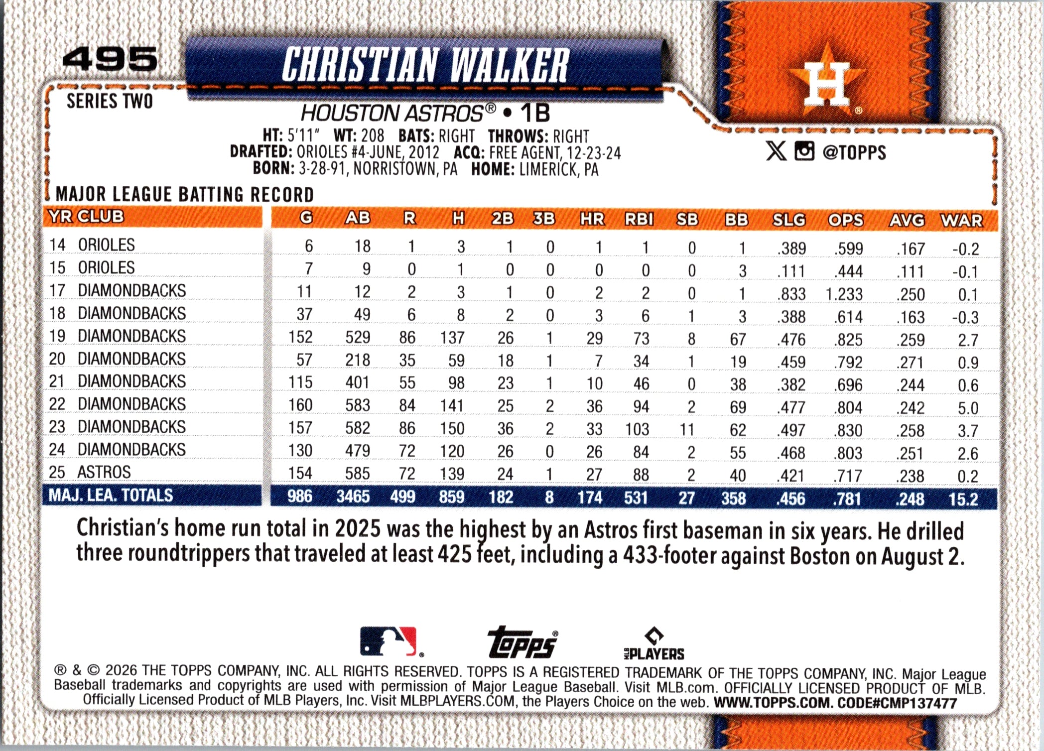 2026 Topps Christian Walker #495 Base Card Houston Astros Near Mint or Better