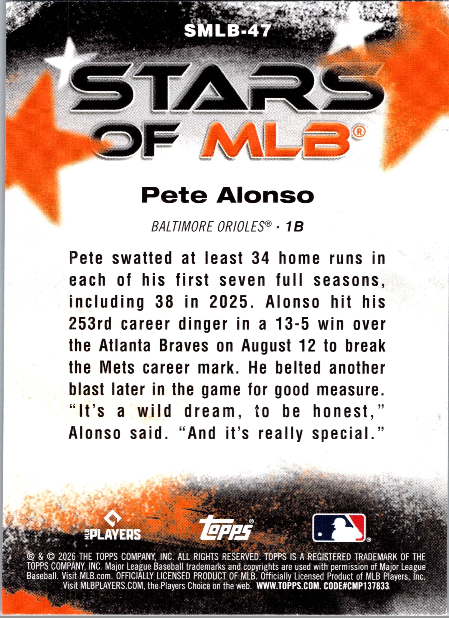 2026 Topps Pete Alonso #SMLB-47 Stars of MLB Insert Baltimore Orioles Near Mint