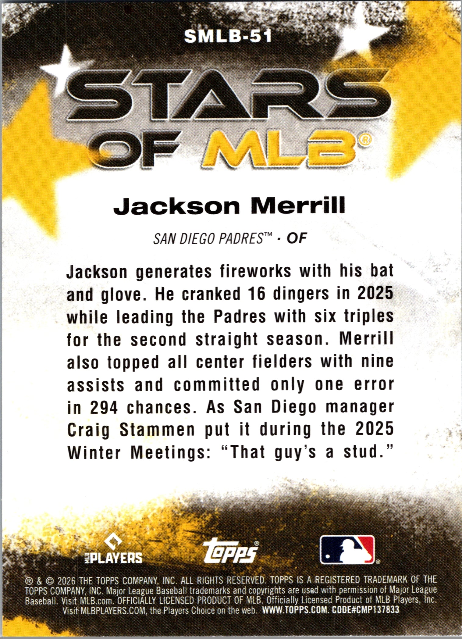 2026 Topps Jackson Merrill #SMLB-51 Stars of MLB Insert San Diego Padres NM