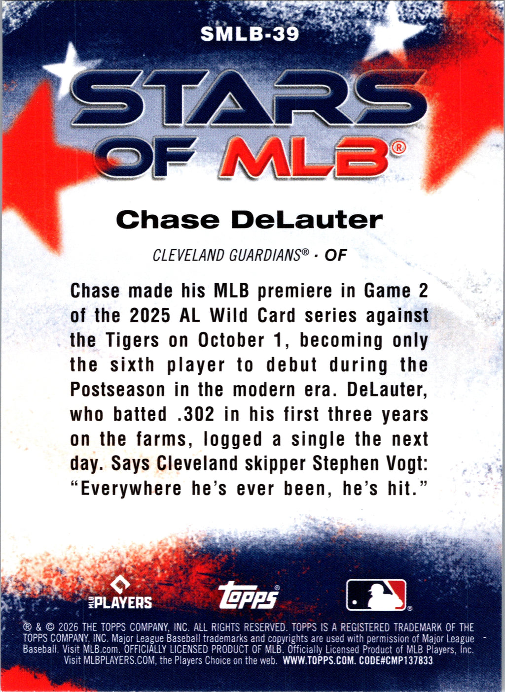 2026 Topps Chase DeLauter #SMLB-39 Stars of MLB Insert Cleveland Guardians NM