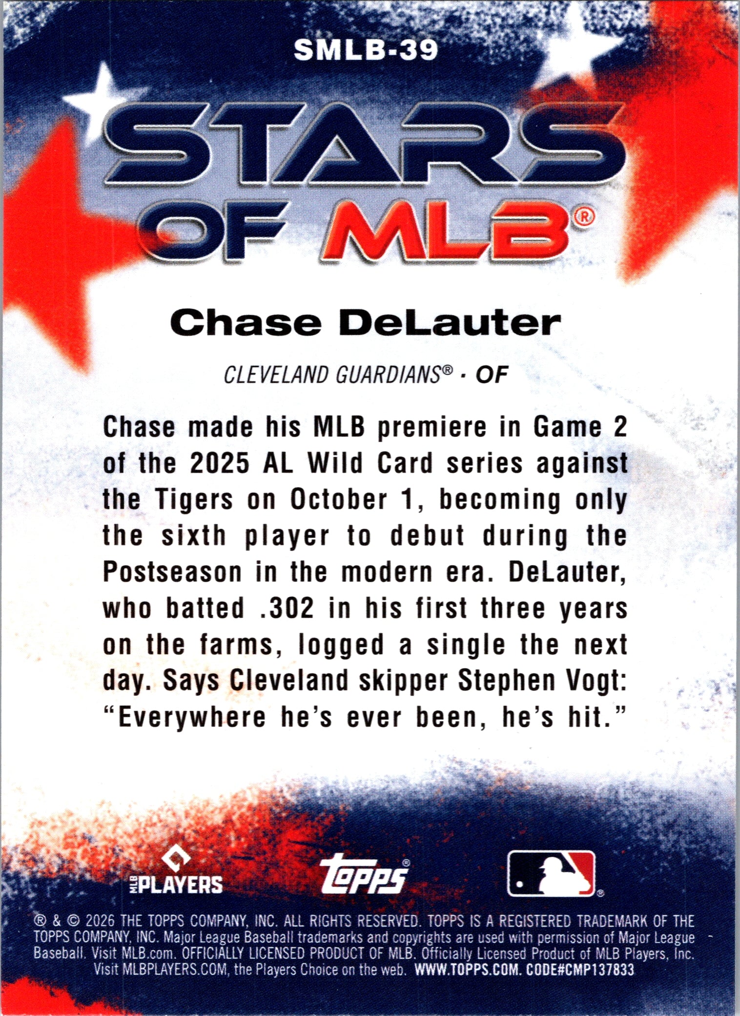 2026 Topps Chase DeLauter #SMLB-39 Stars of MLB Insert Cleveland Guardians NM