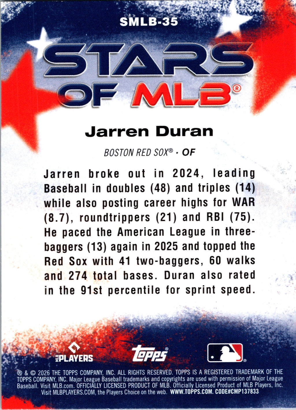 2026 Topps Jarren Duran #SMLB-35 Stars of MLB Insert Boston Red Sox Near Mint