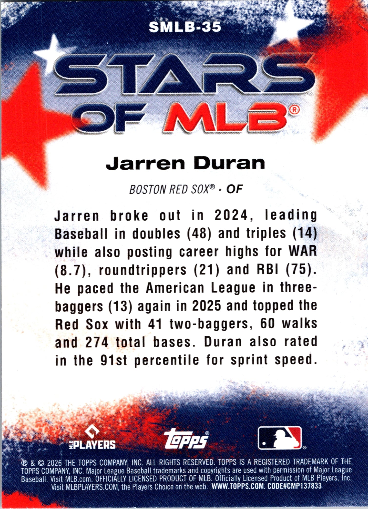 2026 Topps Jarren Duran #SMLB-35 Stars of MLB Insert Boston Red Sox Near Mint