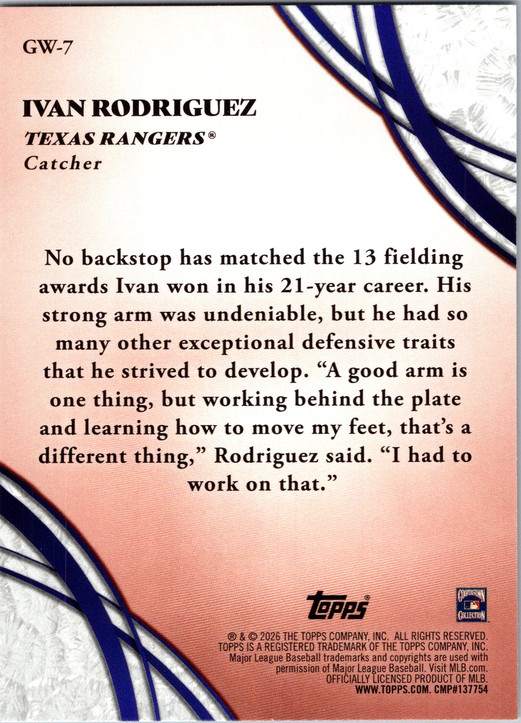 2026 Topps Ivan Rodriguez #GW-7 Glove Work Insert Texas Rangers Near Mint