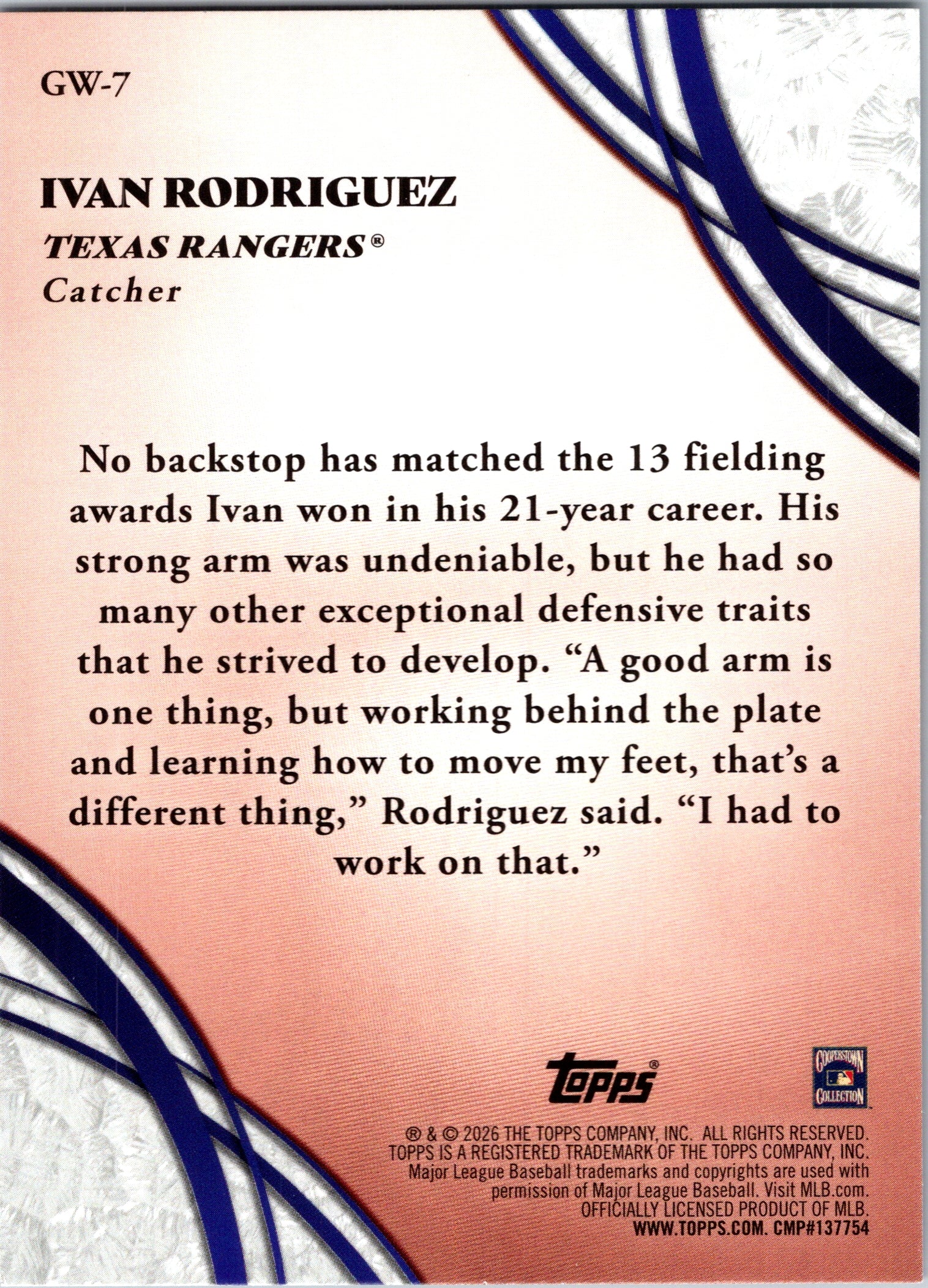 2026 Topps Ivan Rodriguez #GW-7 Glove Work Insert Texas Rangers Near Mint