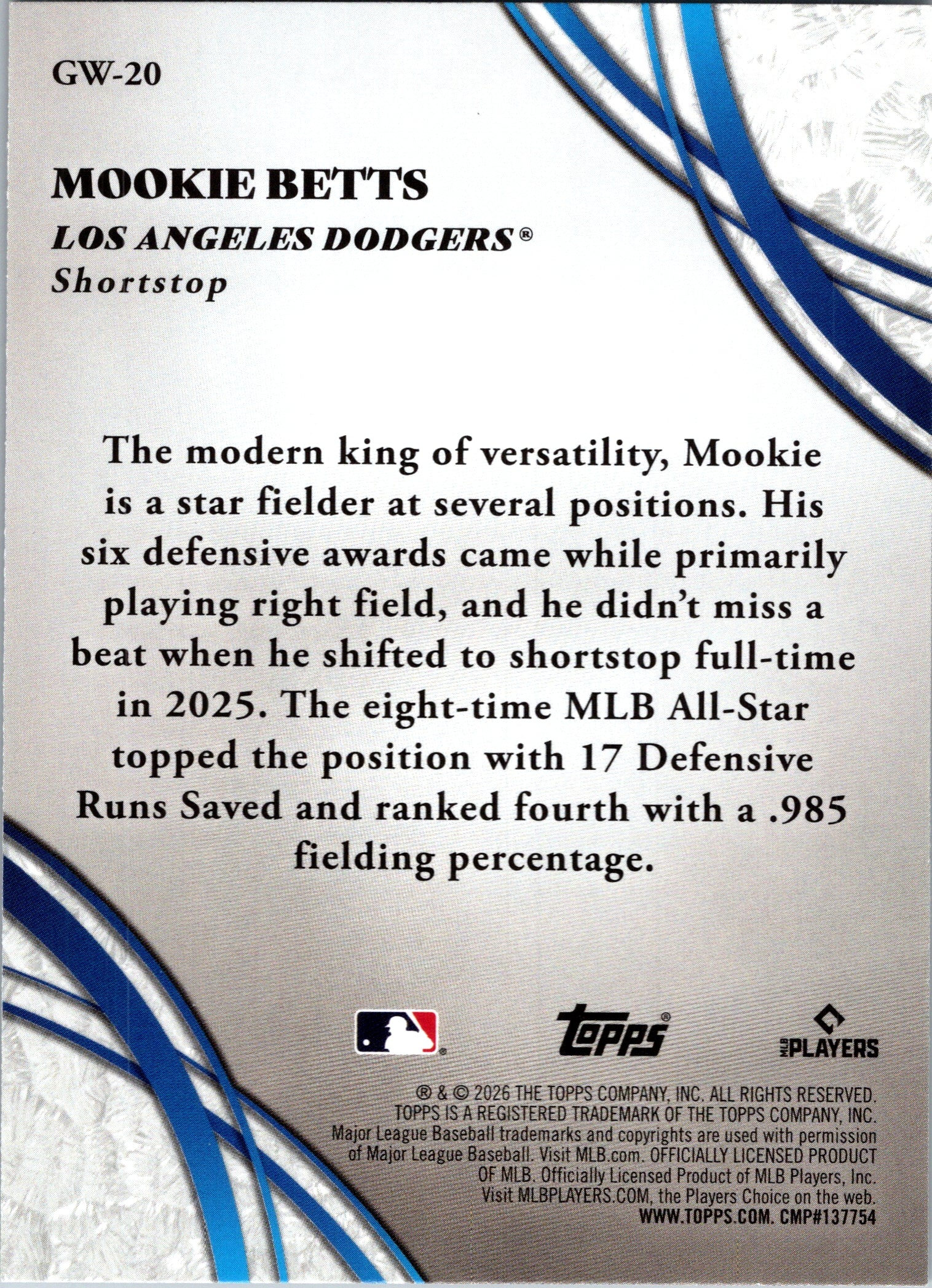 2026 Topps Mookie Betts #GW-20 Glove Work Insert Los Angeles Dodgers NM