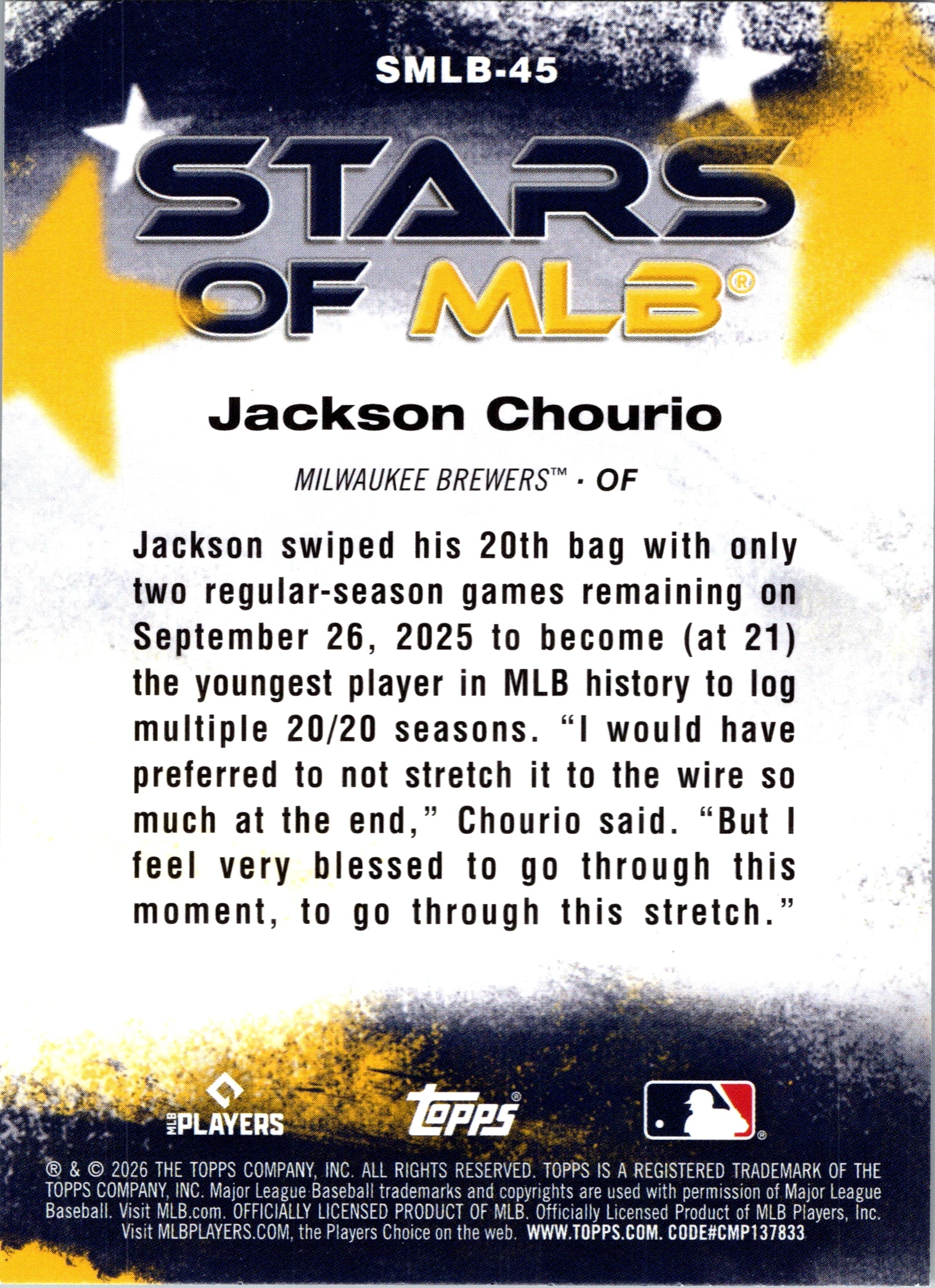 2026 Topps Jackson Chourio #SMLB-45 Stars of MLB Insert Milwaukee Brewers NM