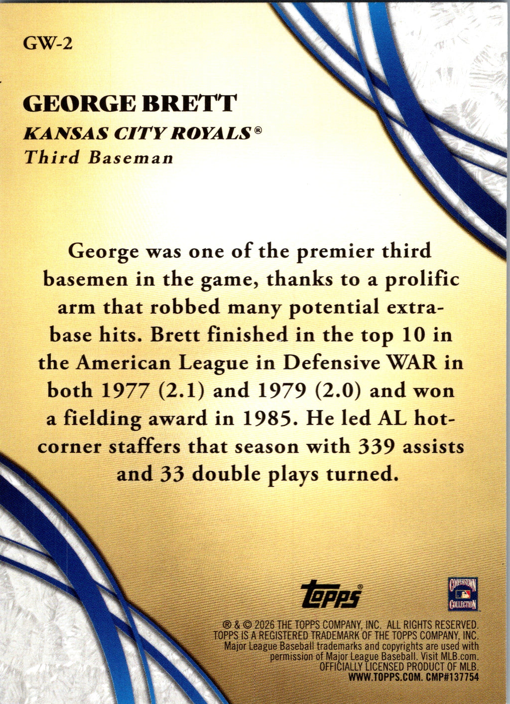 2026 Topps George Brett #GW-2 Glove Work Insert Kansas City Royals SN NM
