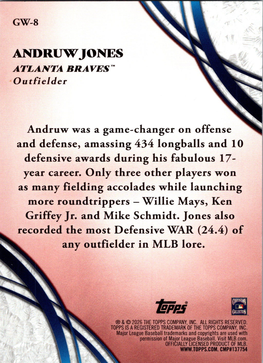 2026 Topps Andruw Jones #GW-8 Glove Work Insert Atlanta Braves NM