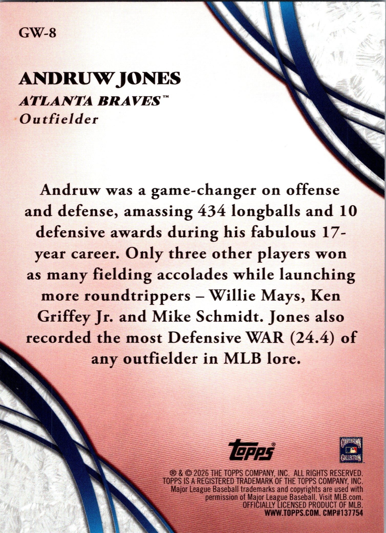 2026 Topps Andruw Jones #GW-8 Glove Work Insert Atlanta Braves NM