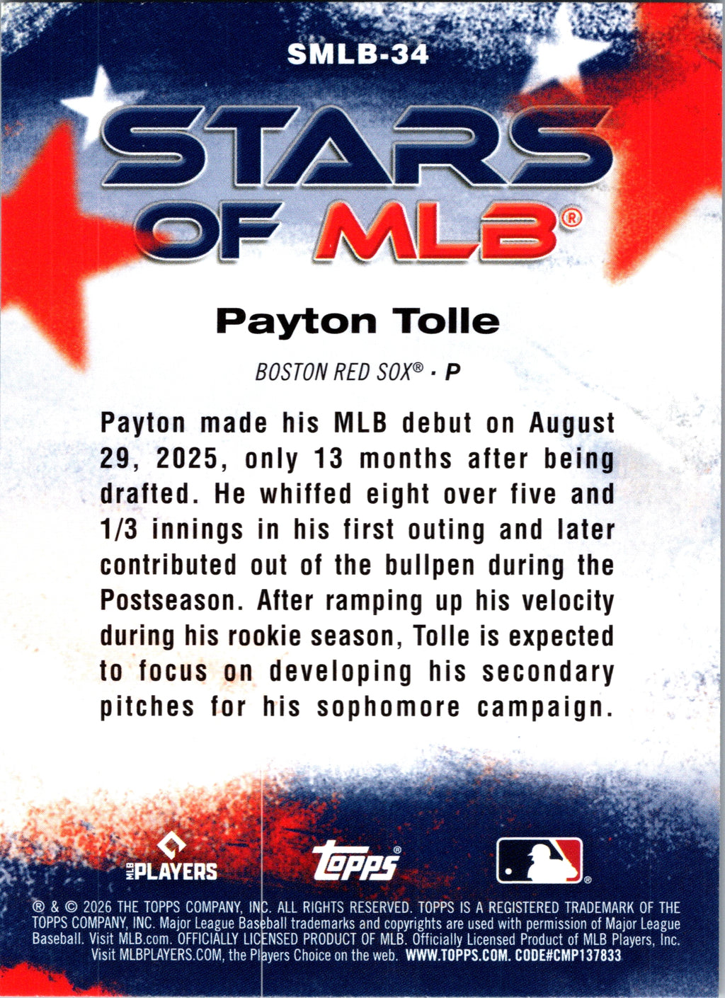 2026 Topps Payton Tolle #SMLB-34 Stars of MLB Insert Boston Red Sox Near Mint