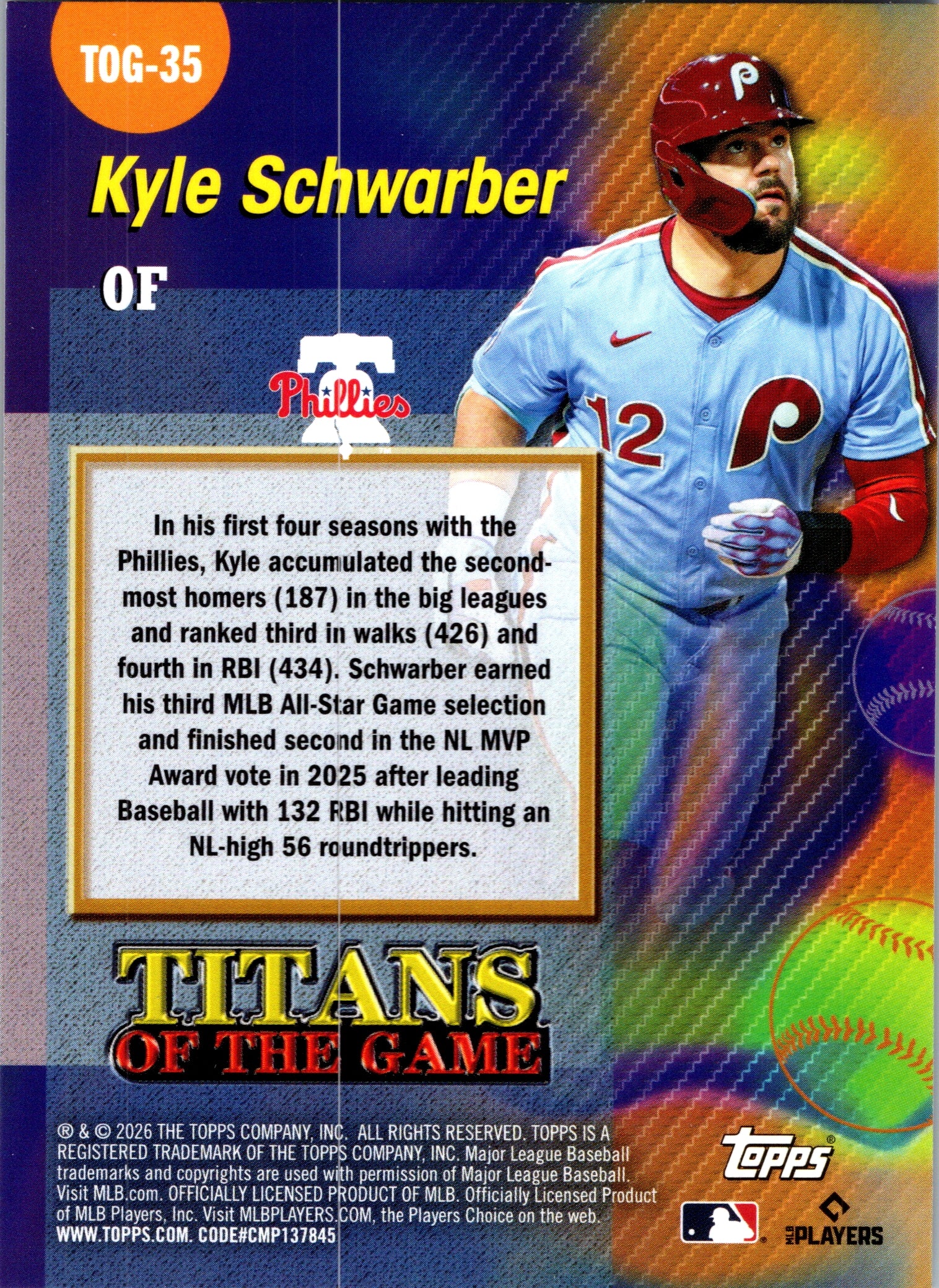 2026 Topps Kyle Schwarber #TOG-35 Titans of the Game Insert Phillies NM