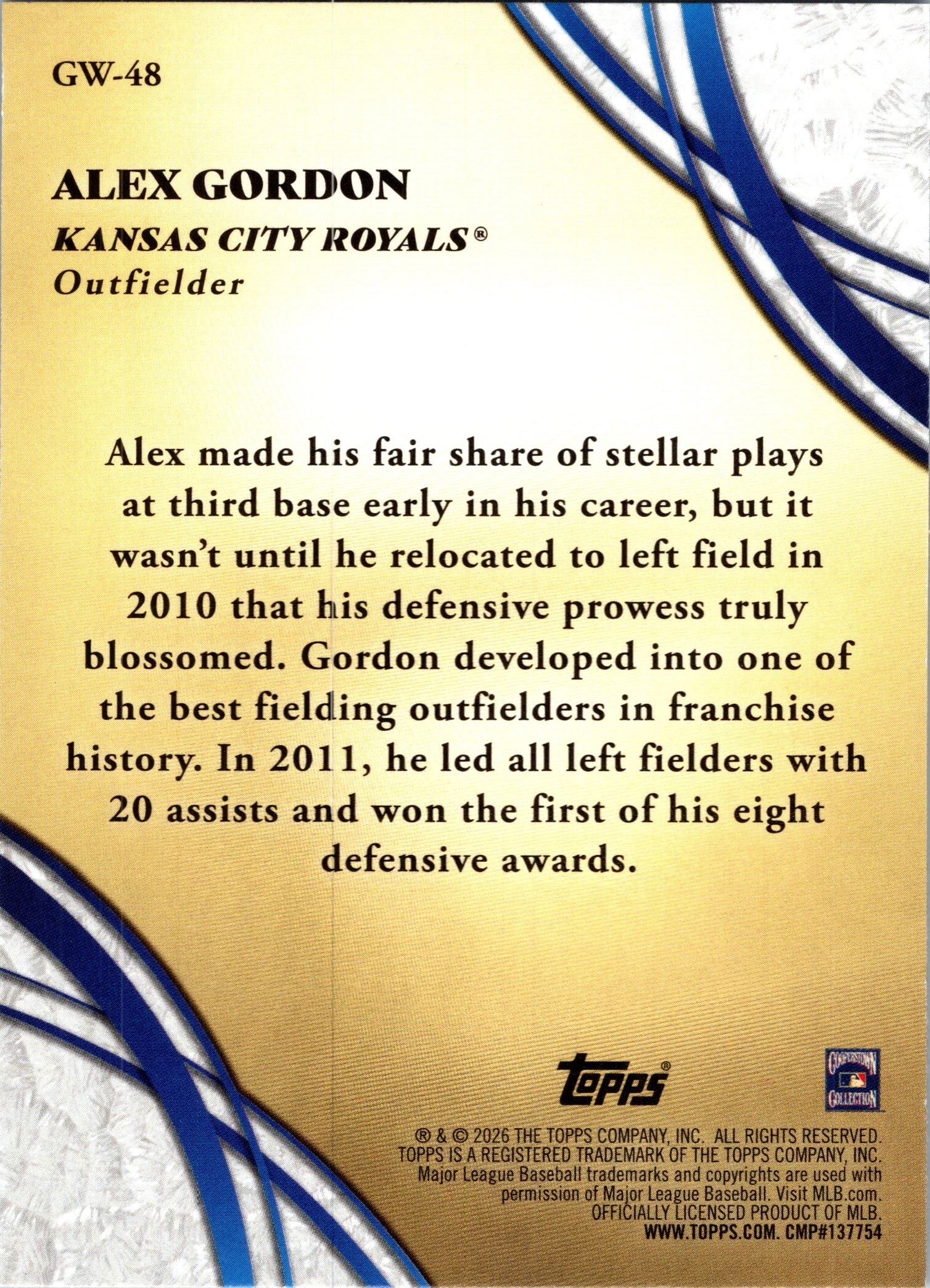 2026 Topps Alex Gordon #GW-48 Glove Work Insert Kansas City Royals Near Mint