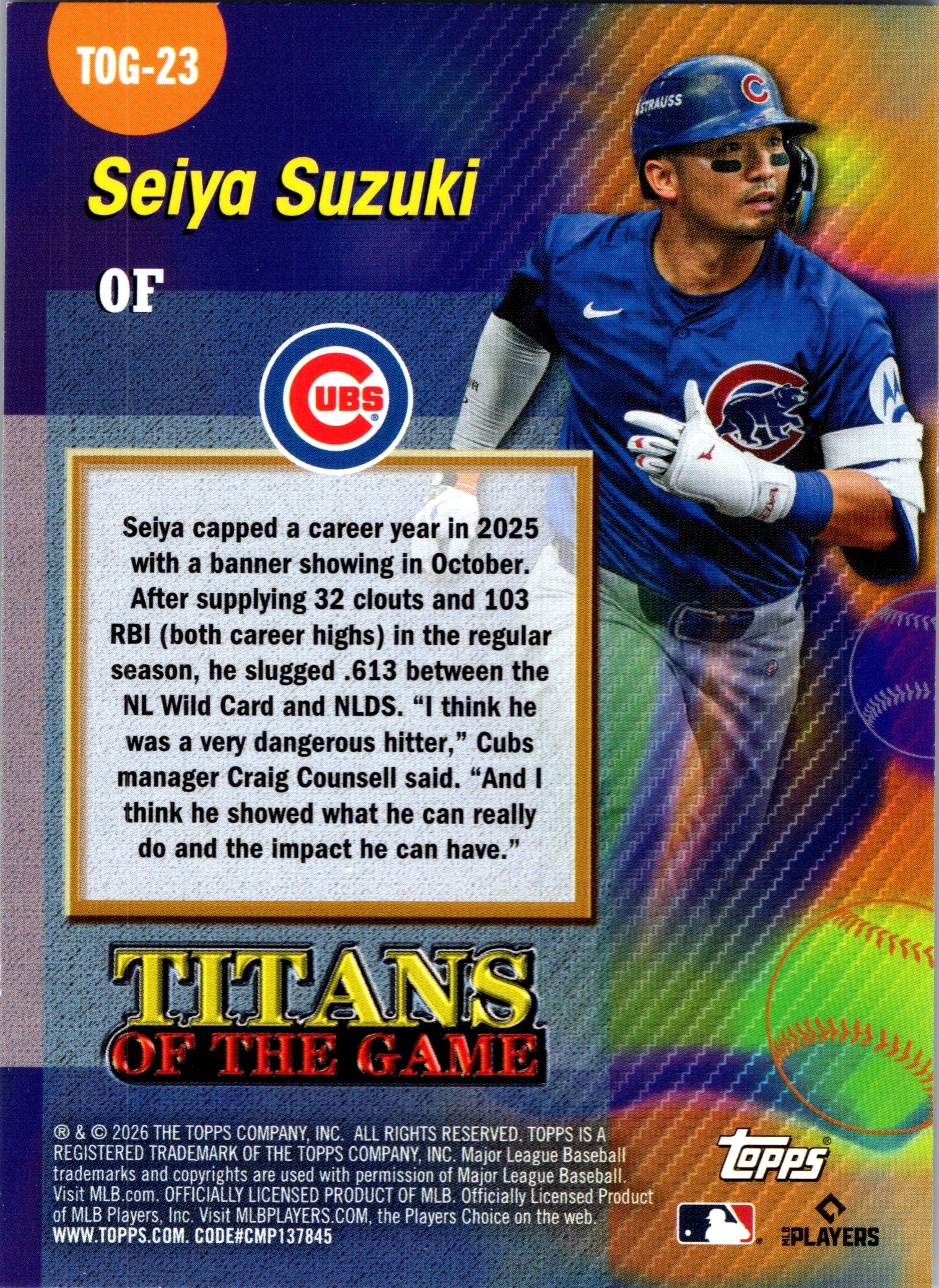 2026 Topps Seiya Suzuki #TOG-23 Titans of the Game Insert Chicago Cubs NM