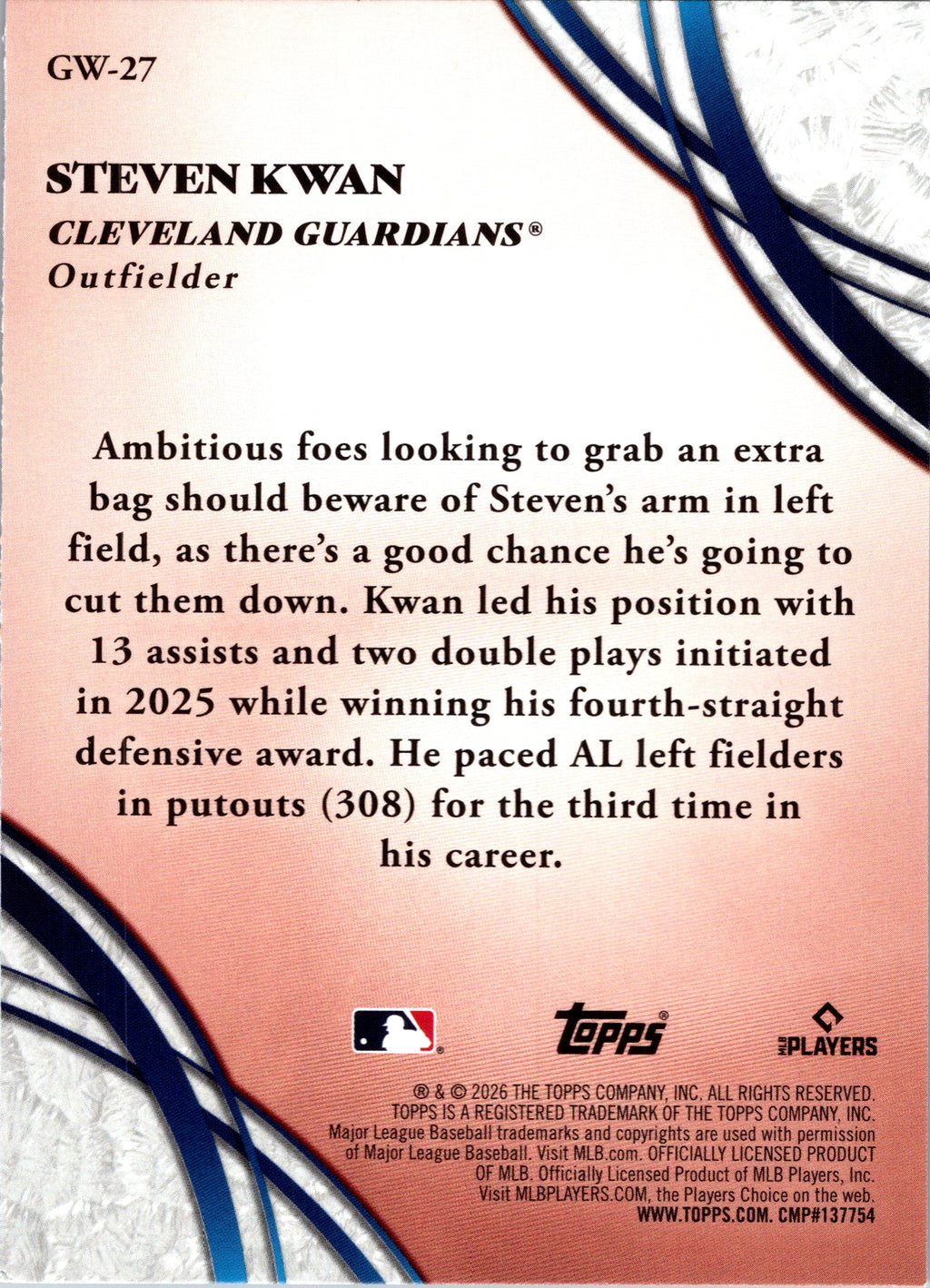 2026 Topps Steven Kwan #GW-27 Glove Work Insert Cleveland Guardians Near Mint