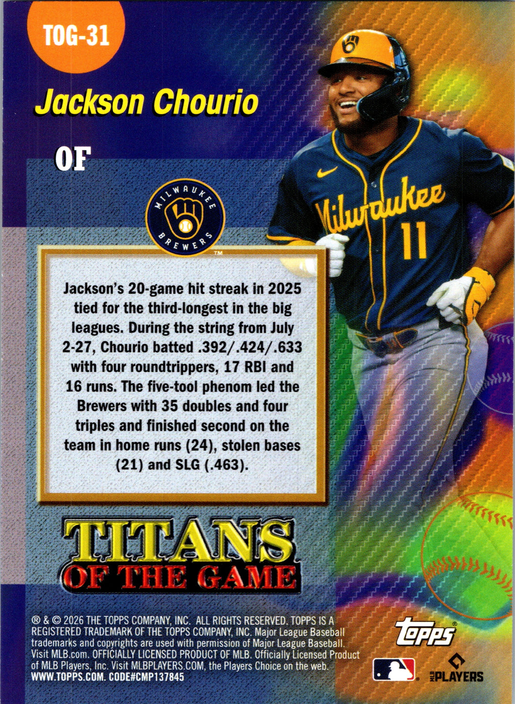 2026 Topps Jackson Chourio #TOG-31 Titans of the Game Insert Brewers NM
