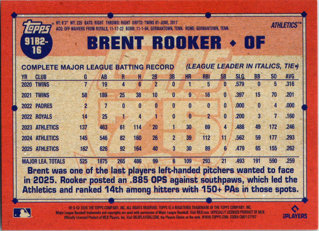 2026 Topps #91B2-16 Brent Rooker 1991 Topps Baseball Anniversary