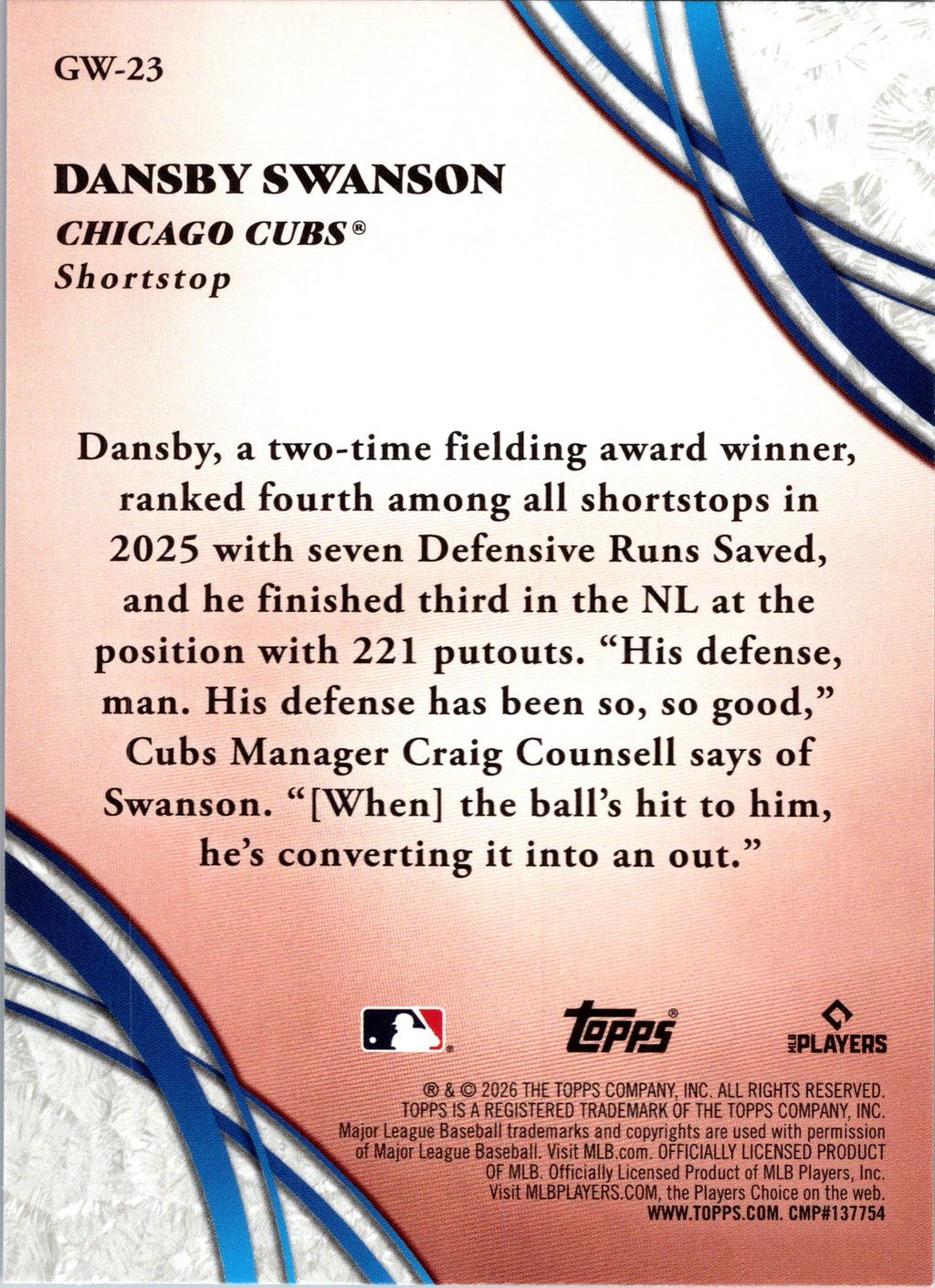 2026 Topps Dansby Swanson #GW-23 Glove Work Insert Chicago Cubs Near Mint