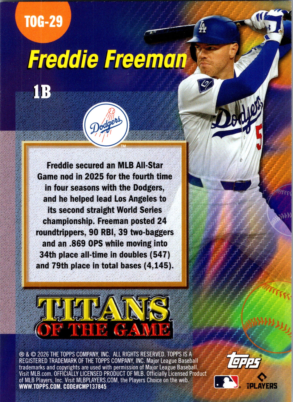 2026 Topps Freddie Freeman #TOG-29 Titans of the Game Insert Dodgers NM