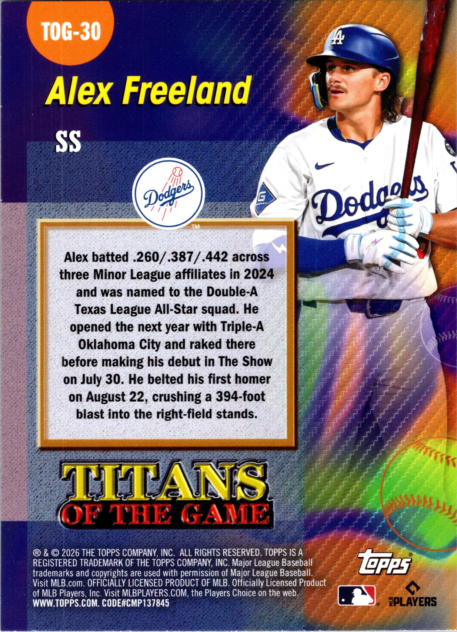 2026 Topps Alex Freeland #TOG-30 Titans of the Game Insert Dodgers NM