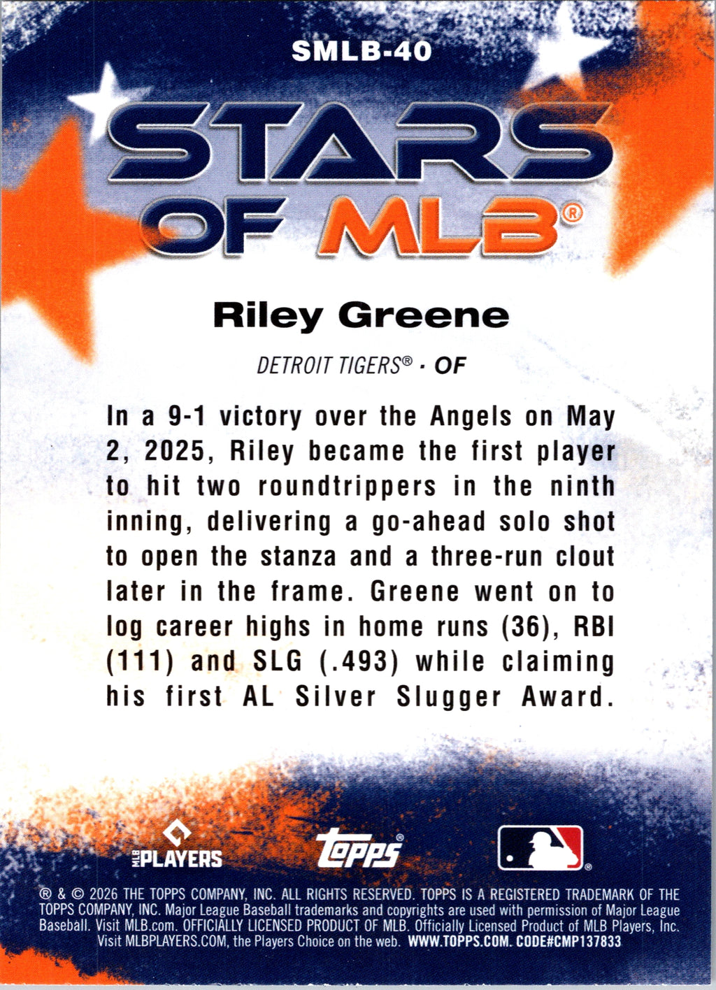 2026 Topps Riley Greene #SMLB-40 Stars of MLB Detroit Tigers Near Mint or Better