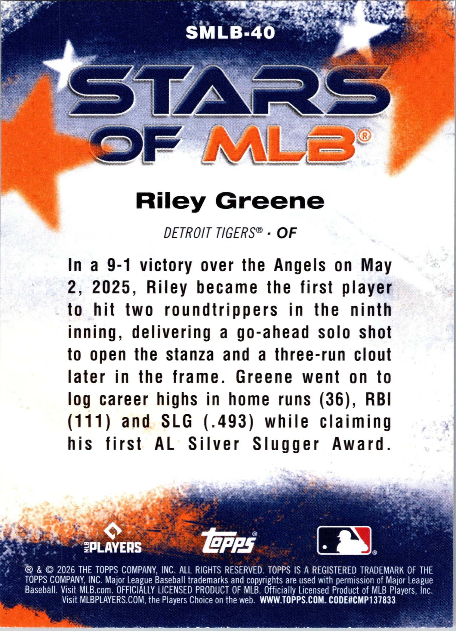 2026 Topps Riley Greene #SMLB-40 Stars of MLB Detroit Tigers Near Mint or Better