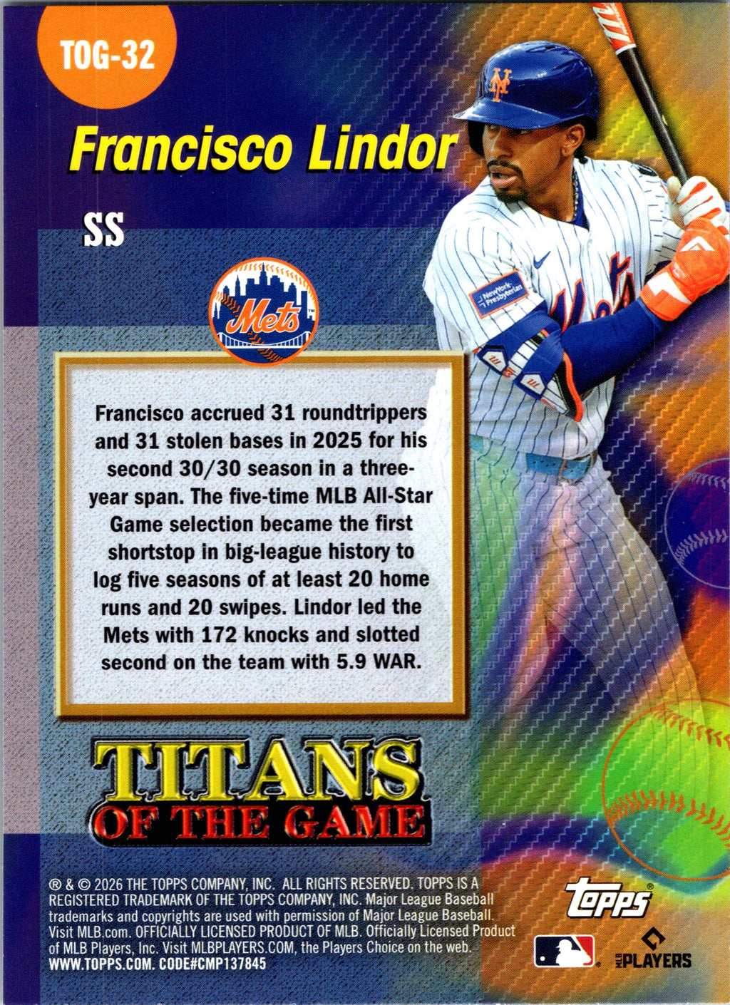 2026 Topps Francisco Lindor #TOG-32 Titans of the Game Insert New York Mets NM
